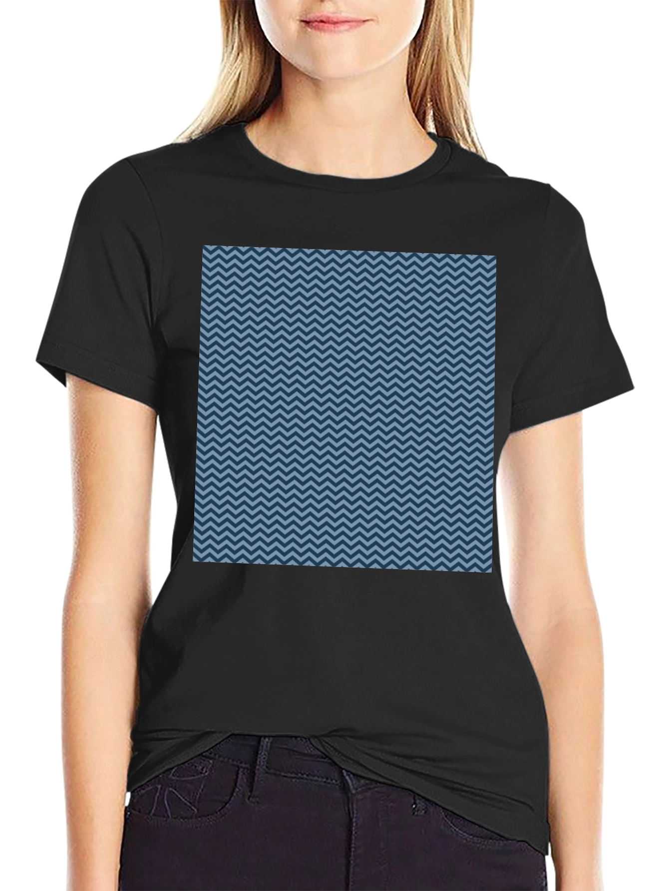 Blue Zigzag Pattern Black T-Shirt