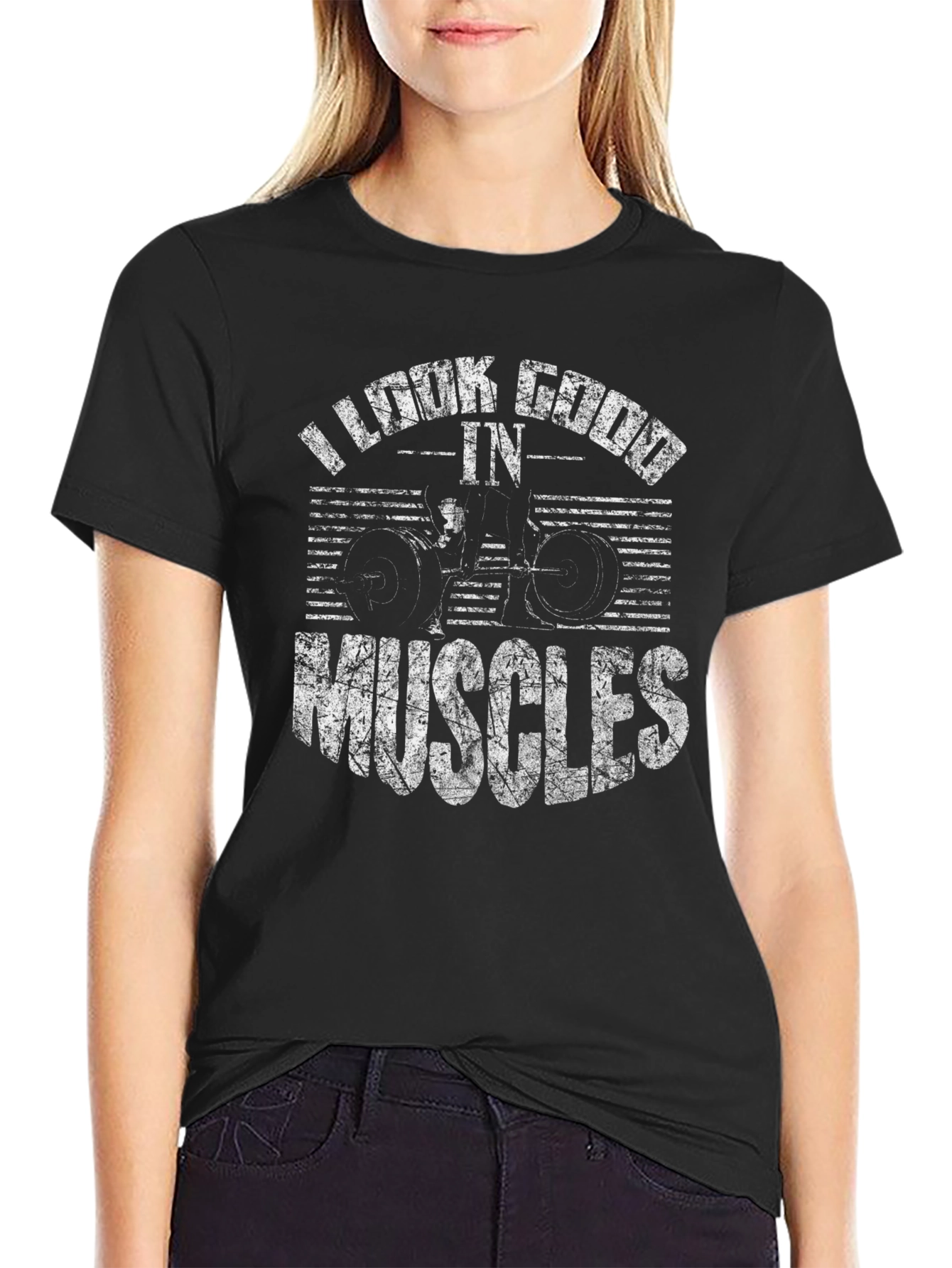 I Look Good in Muscles Black Graphic Tee