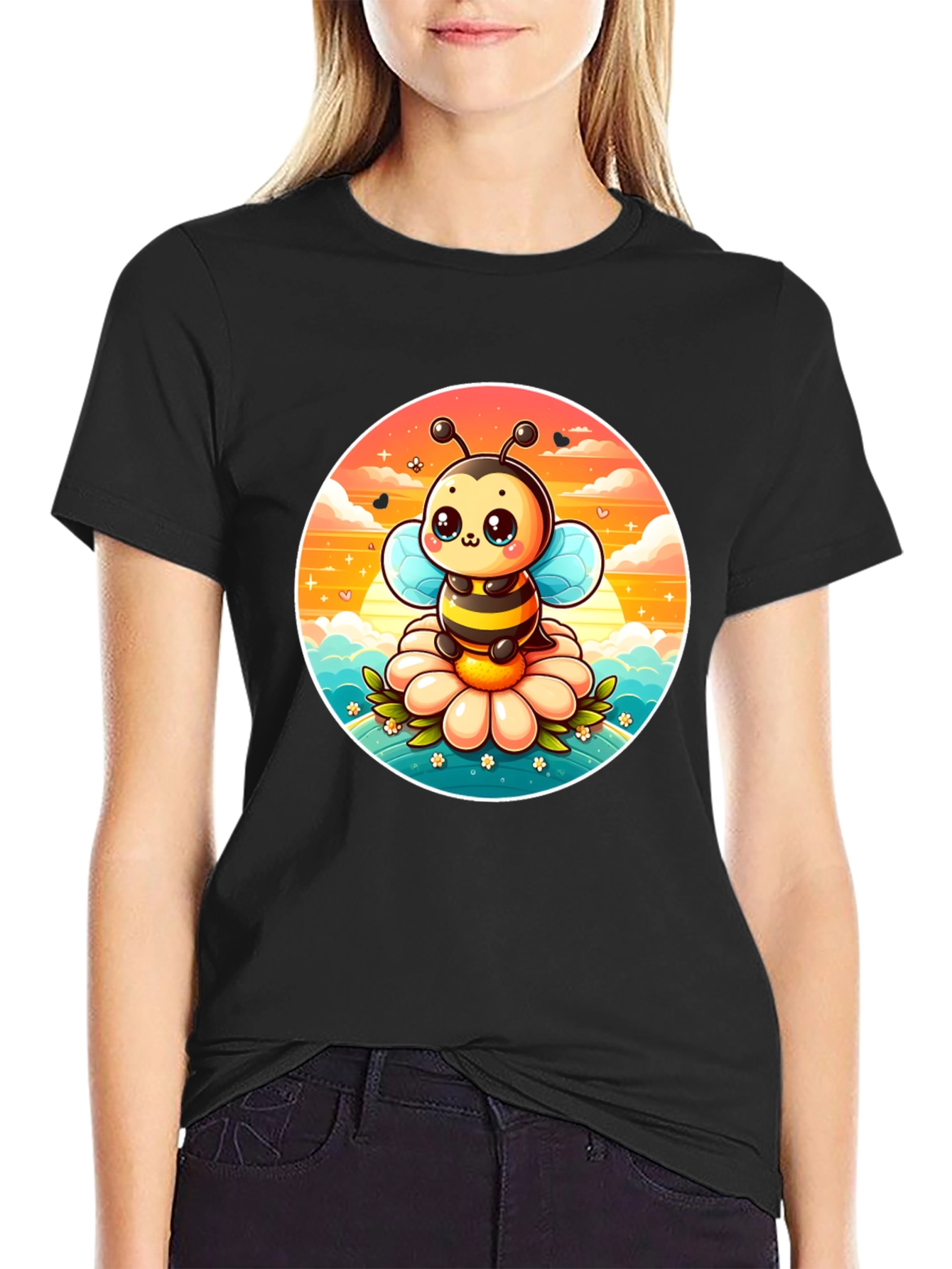 Cute Cartoon Bee on Flower Graphic Tee