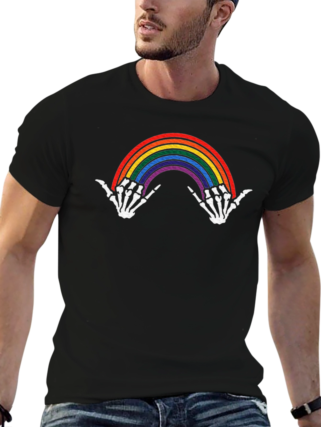Rainbow Skeleton Hands Black Graphic Tee