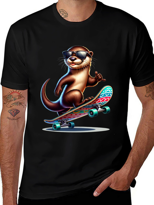 Cool Otter Skateboard T-Shirt - Black Cotton Tee