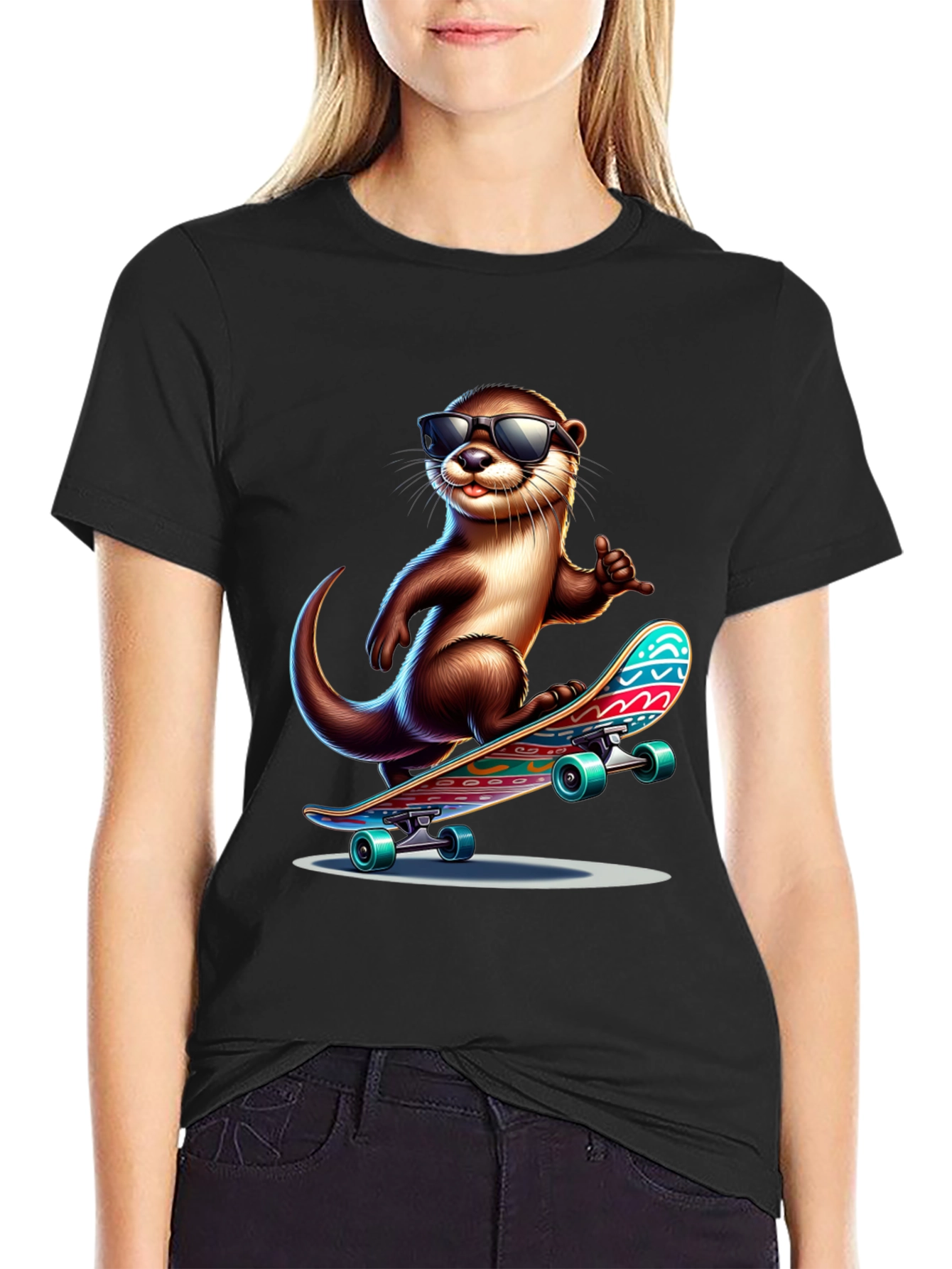Cool Otter Skateboard T-Shirt - Black Cotton Tee