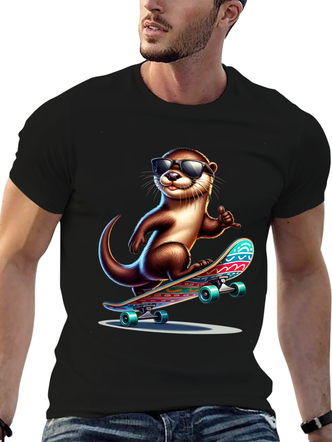 Cool Otter Skateboard T-Shirt - Black Cotton Tee