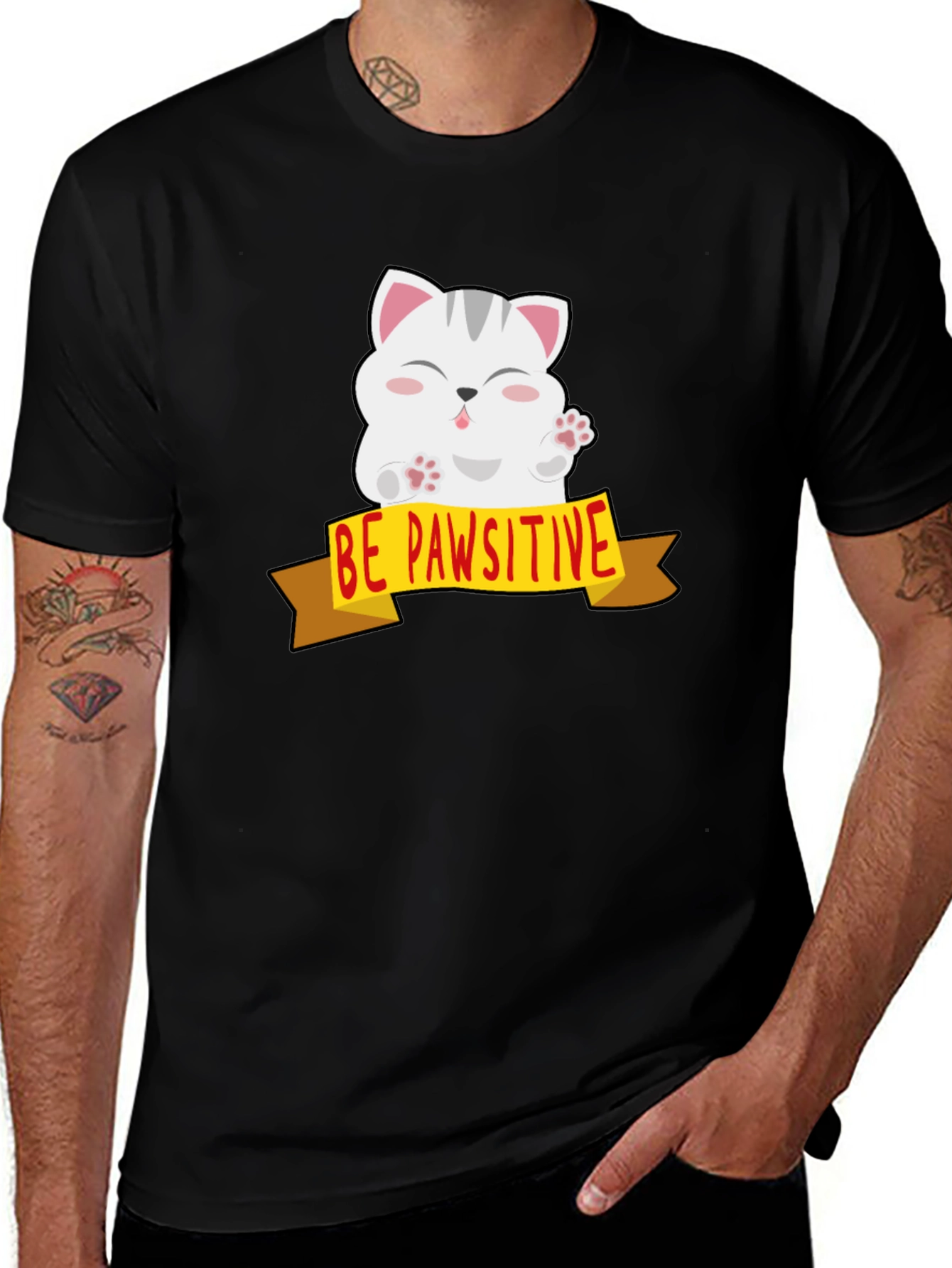 Be Pawsitive Cat Graphic Tee - Mens Black T-Shirt