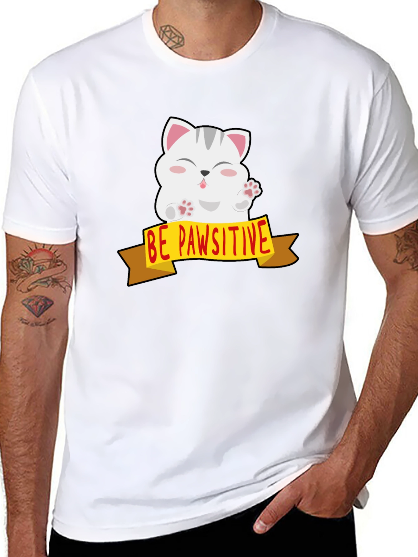 Be Pawsitive Cat Graphic Tee - Mens Black T-Shirt