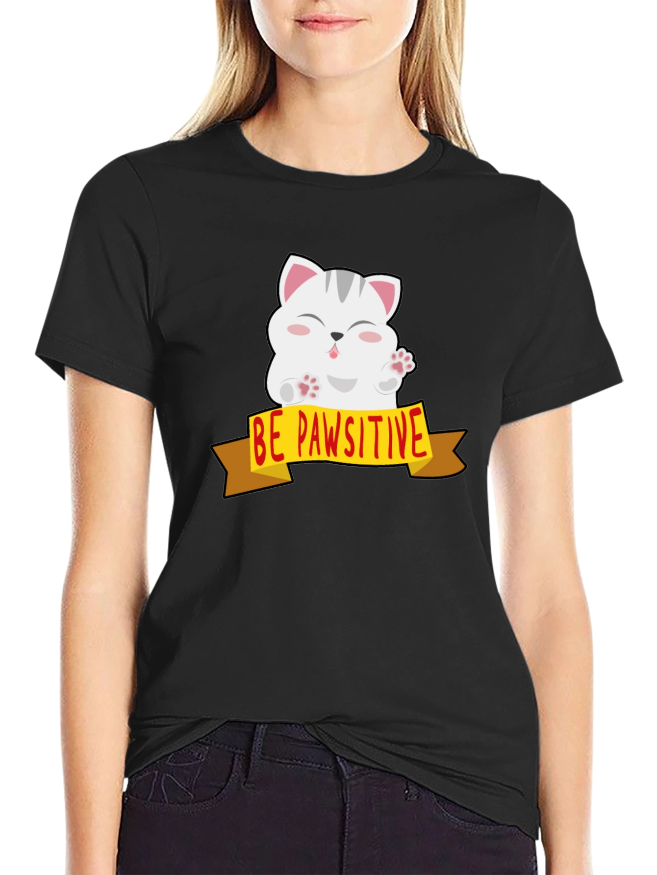 Be Pawsitive Cat Graphic Tee - Mens Black T-Shirt