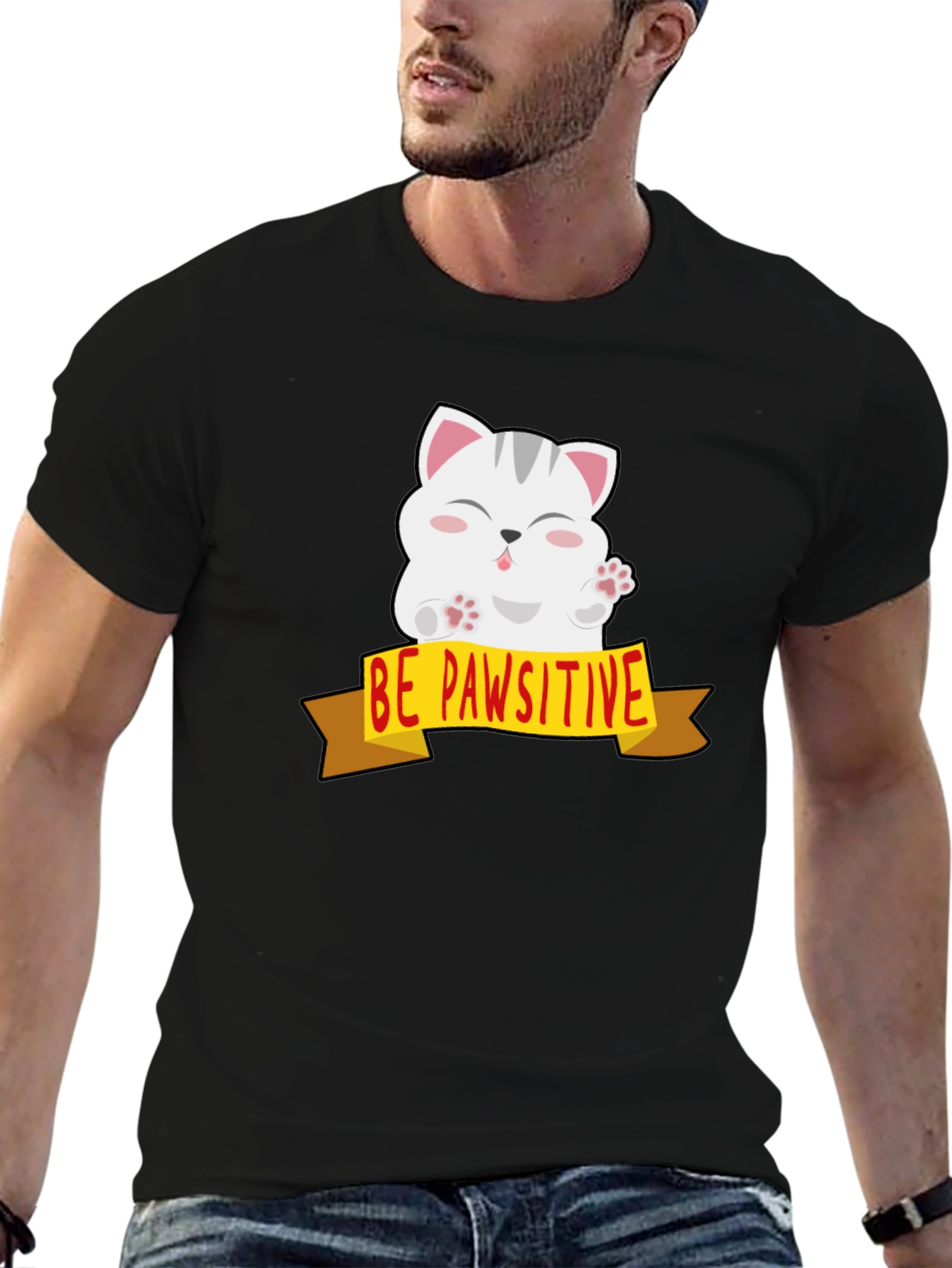 Be Pawsitive Cat Graphic Tee - Mens Black T-Shirt