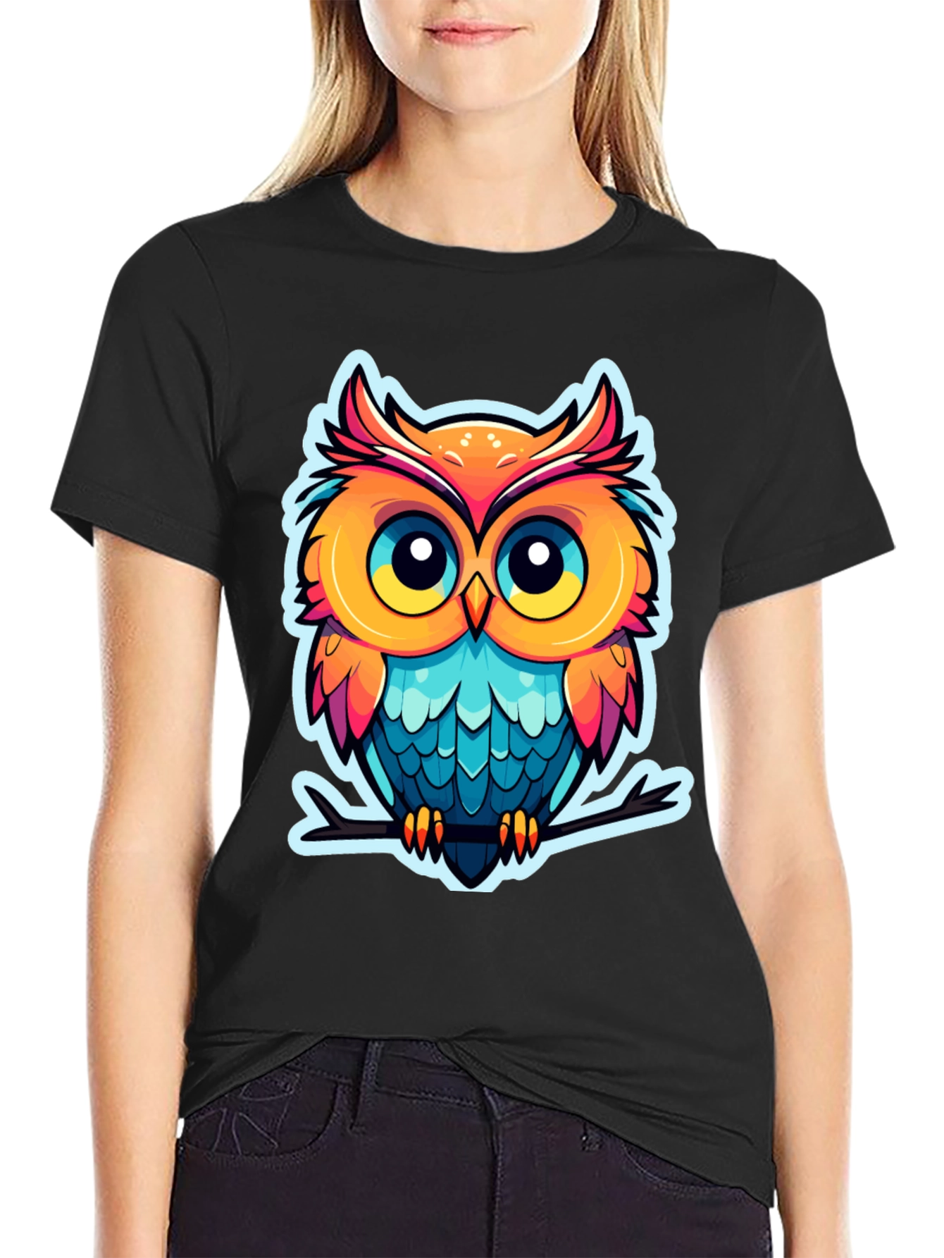 Cartoon Owl Graphic Tee - Black Cotton Blend