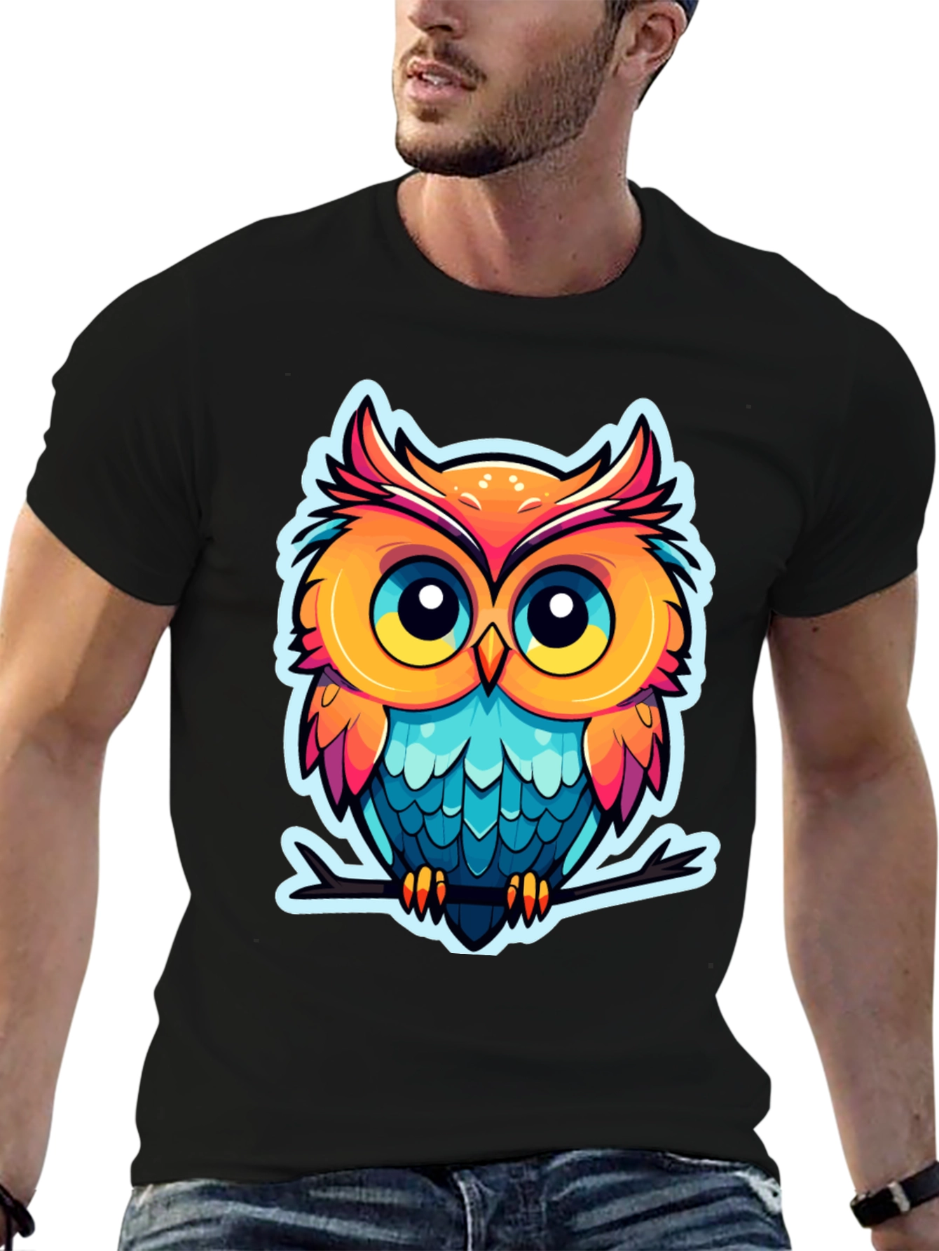 Cartoon Owl Graphic Tee - Black Cotton Blend
