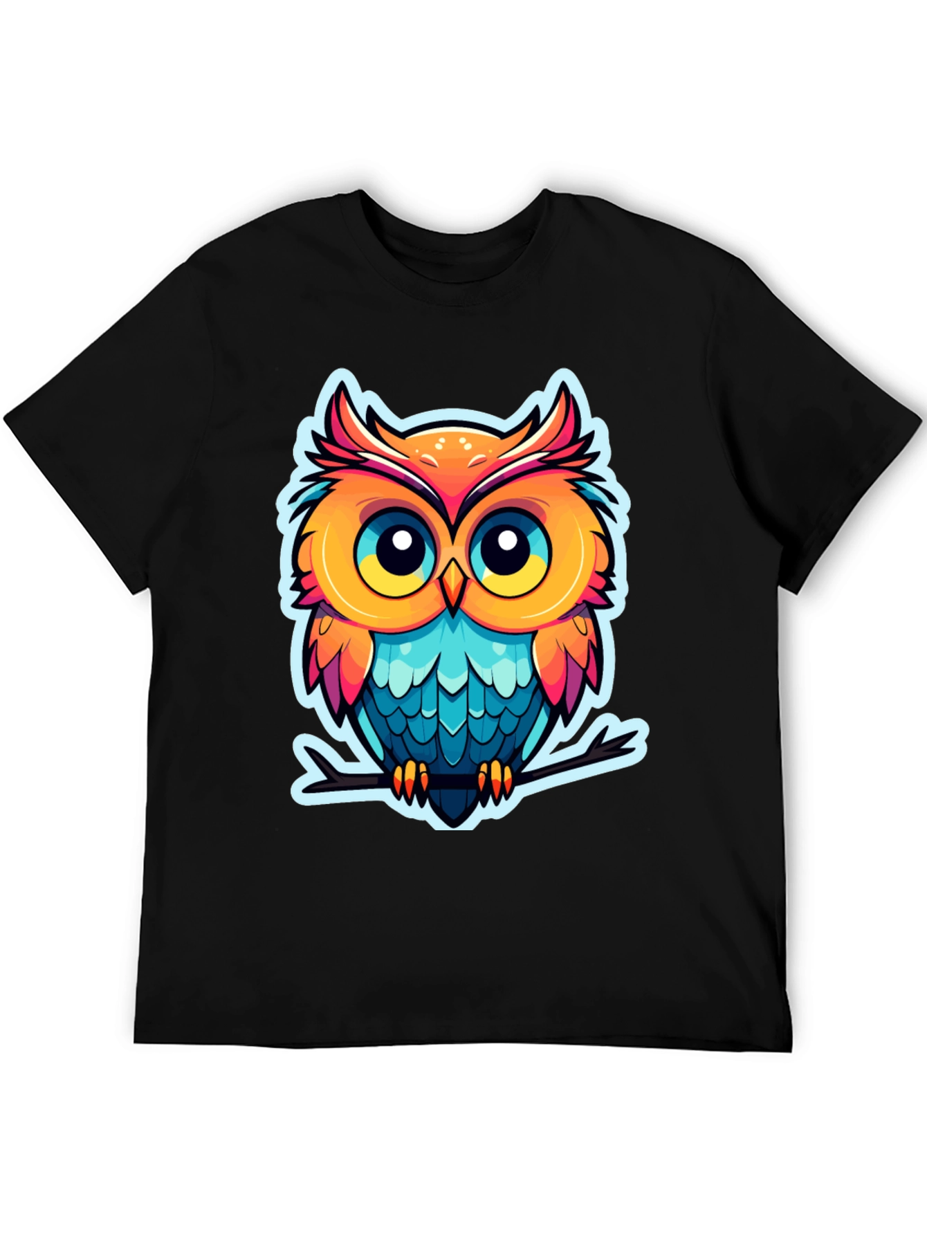 Cartoon Owl Graphic Tee - Black Cotton Blend