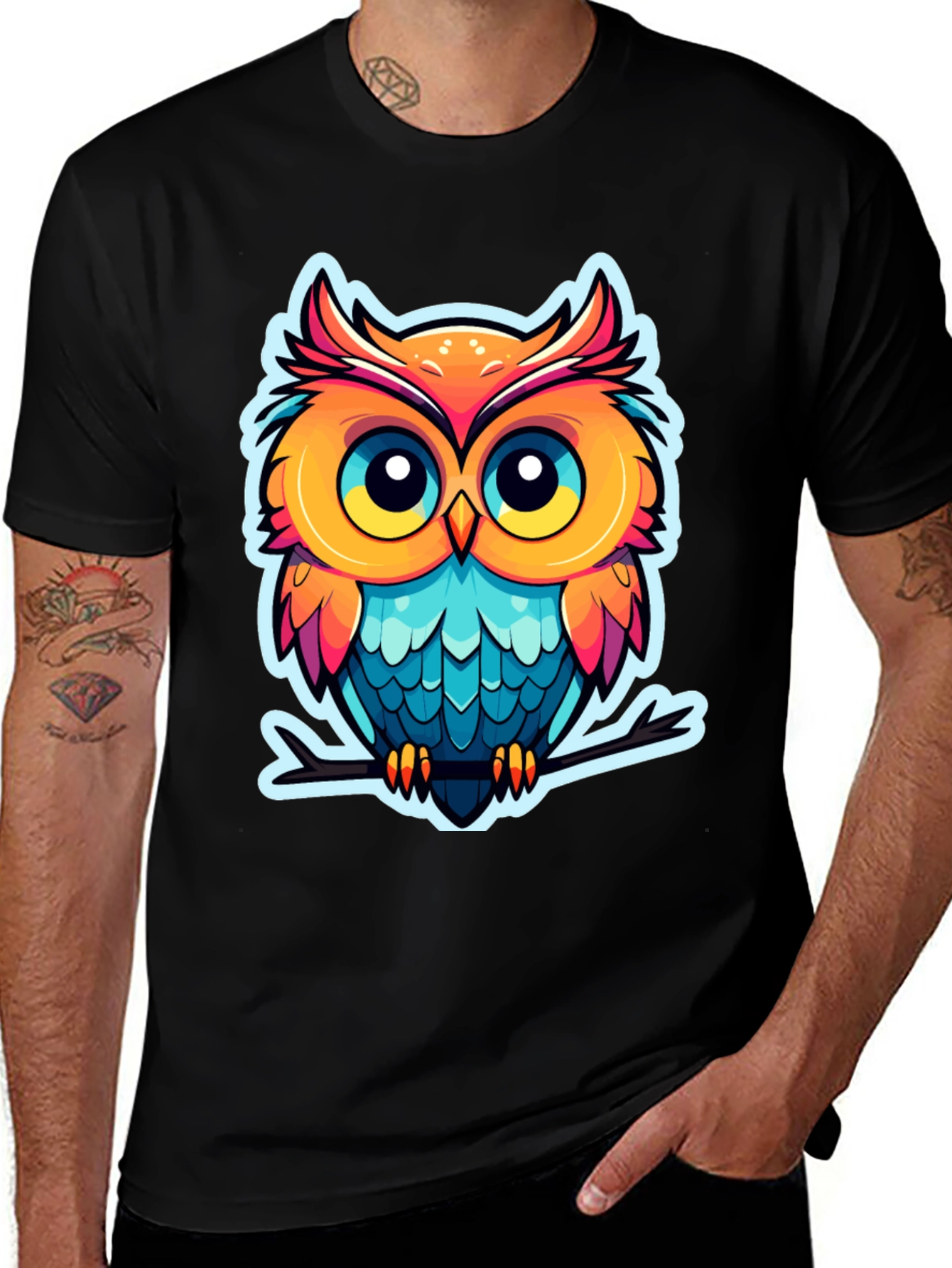 Cartoon Owl Graphic Tee - Black Cotton Blend