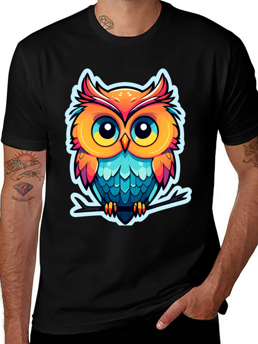 Cartoon Owl Graphic Tee - Black Cotton Blend