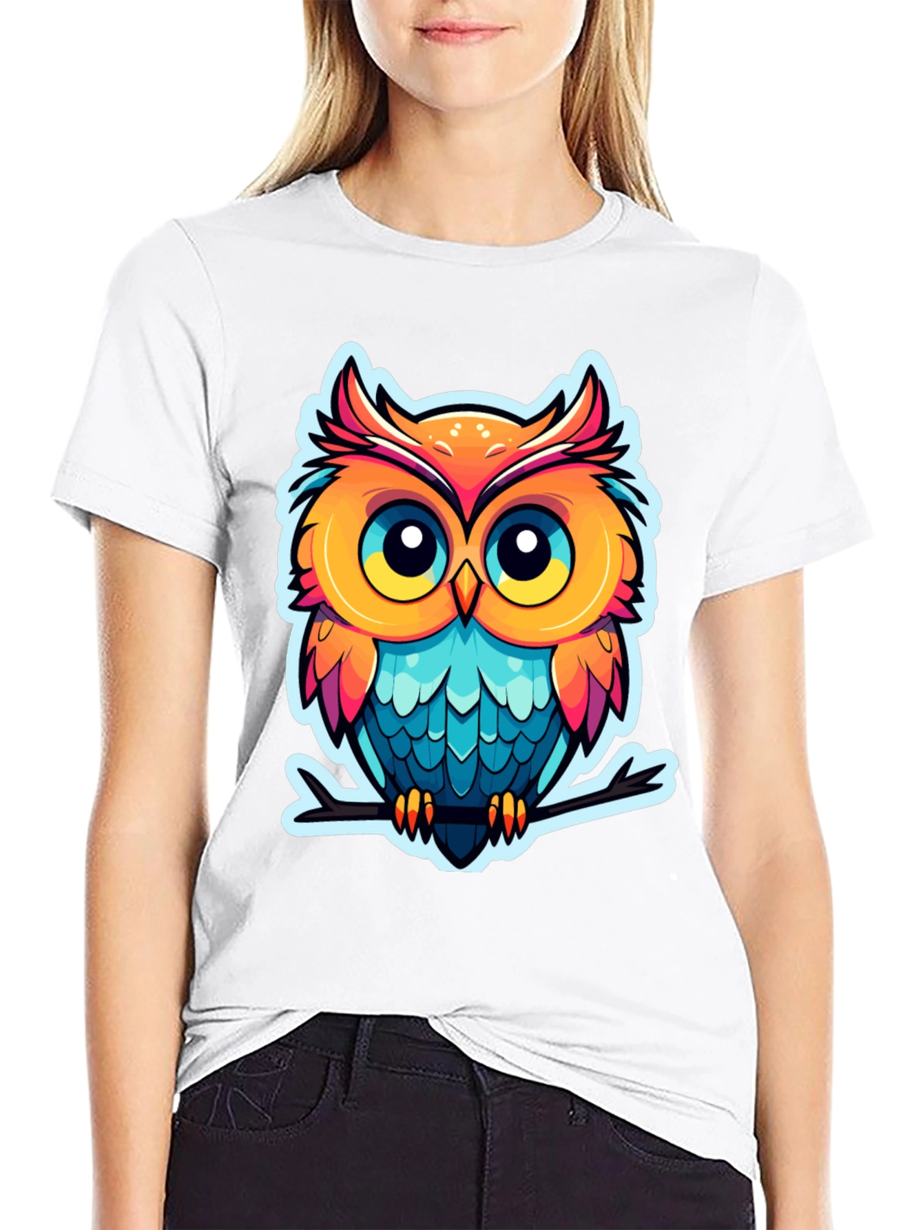 Cartoon Owl Graphic Tee - Black Cotton Blend