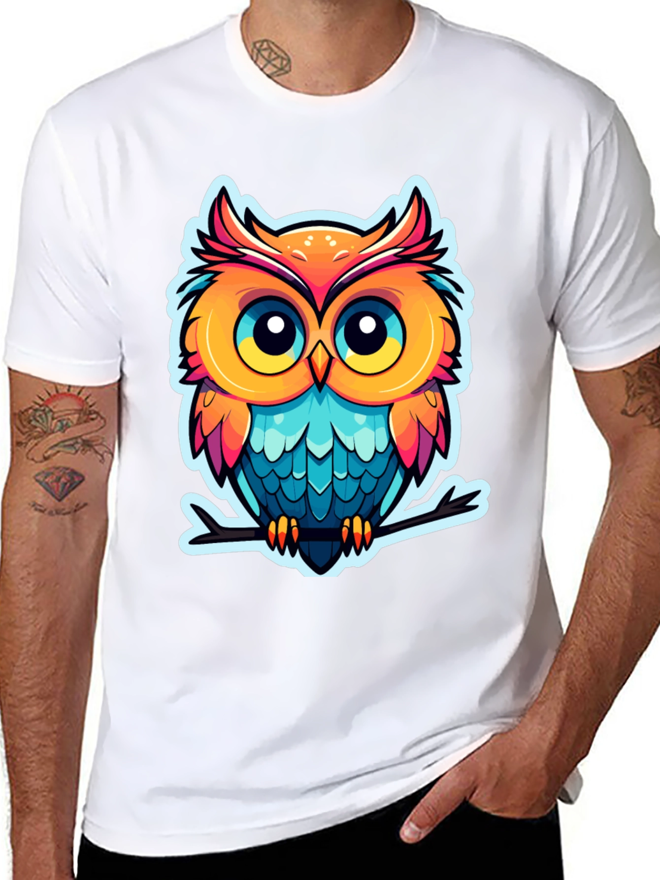 Cartoon Owl Graphic Tee - Black Cotton Blend