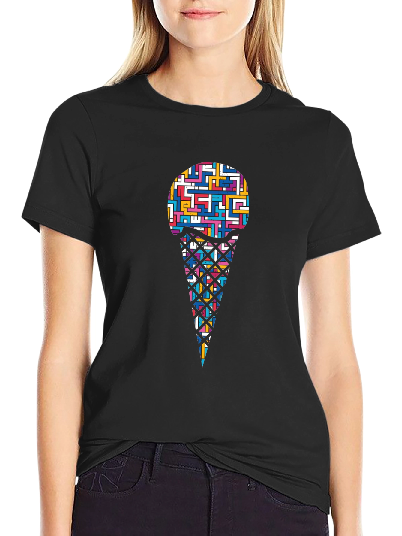 Abstract Ice Cream Graphic Black T-Shirt