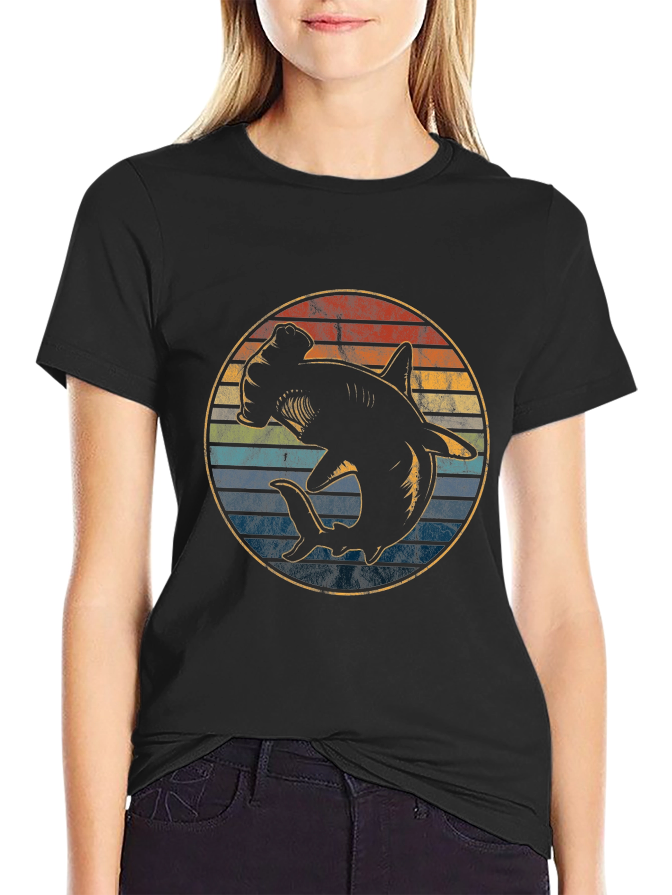 Hammerhead Shark Retro Sunset Graphic T-Shirt