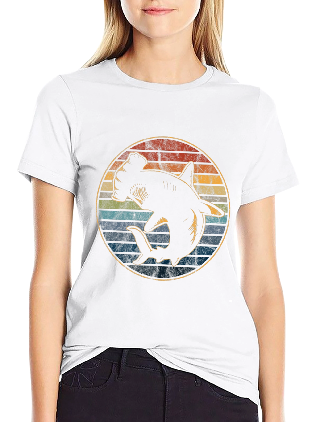 Hammerhead Shark Retro Sunset Graphic T-Shirt