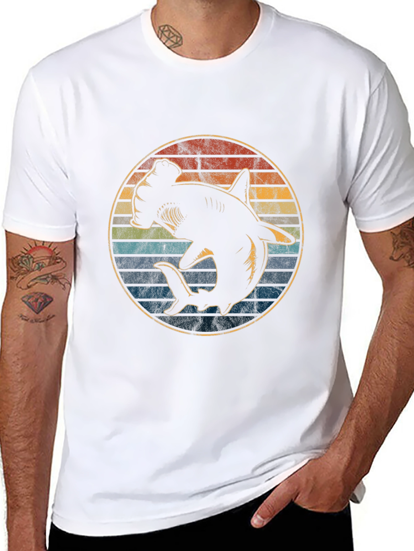 Hammerhead Shark Retro Sunset Graphic T-Shirt