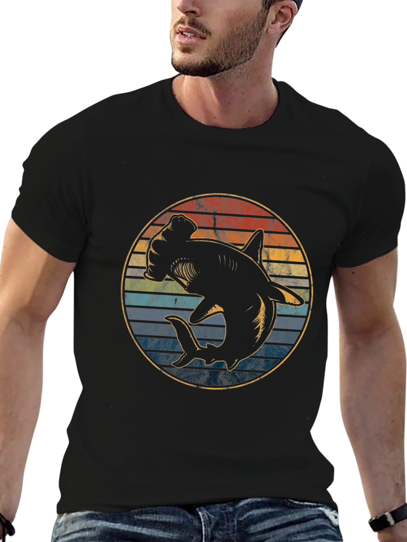Hammerhead Shark Retro Sunset Graphic T-Shirt