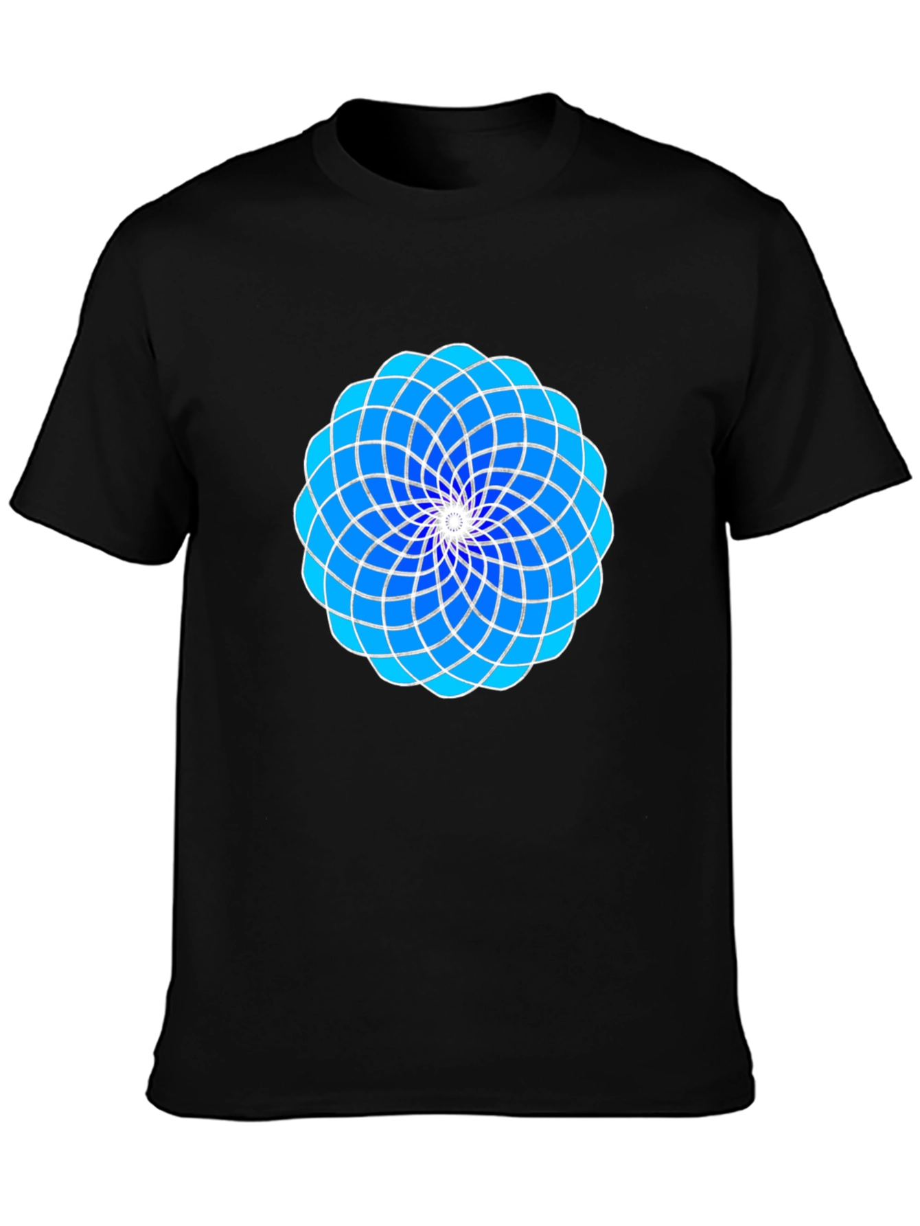 Geometric Blue Floral Design Black T-Shirt