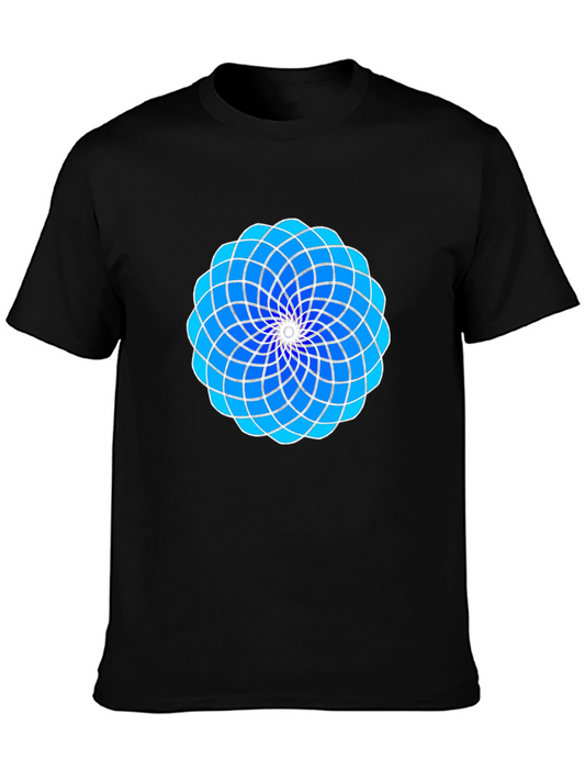 Geometric Blue Floral Design Black T-Shirt