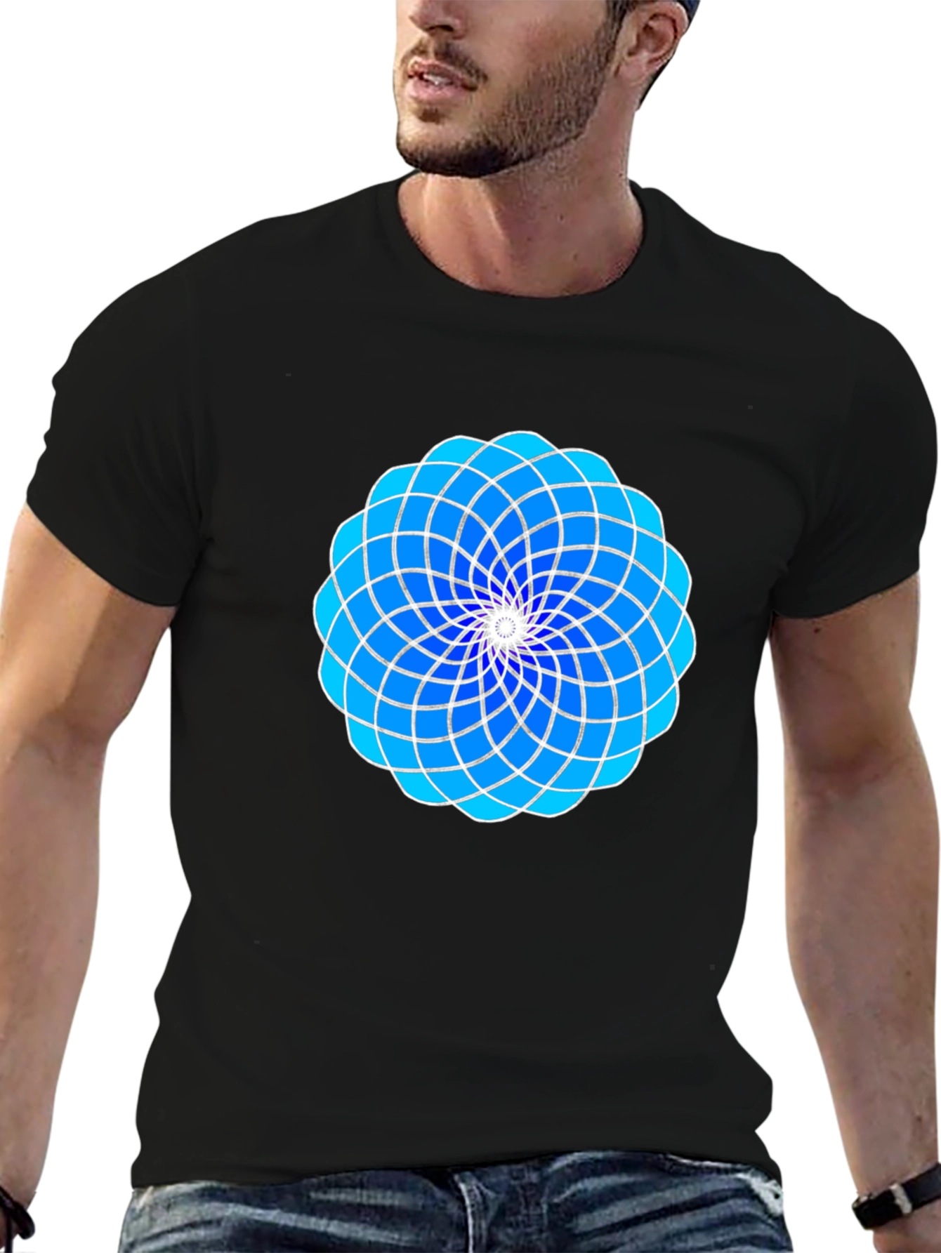 Geometric Blue Floral Design Black T-Shirt
