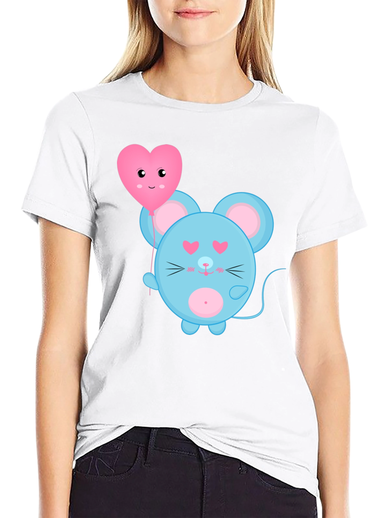 Cute Cartoon Mouse with Heart Balloon Graphic Tee