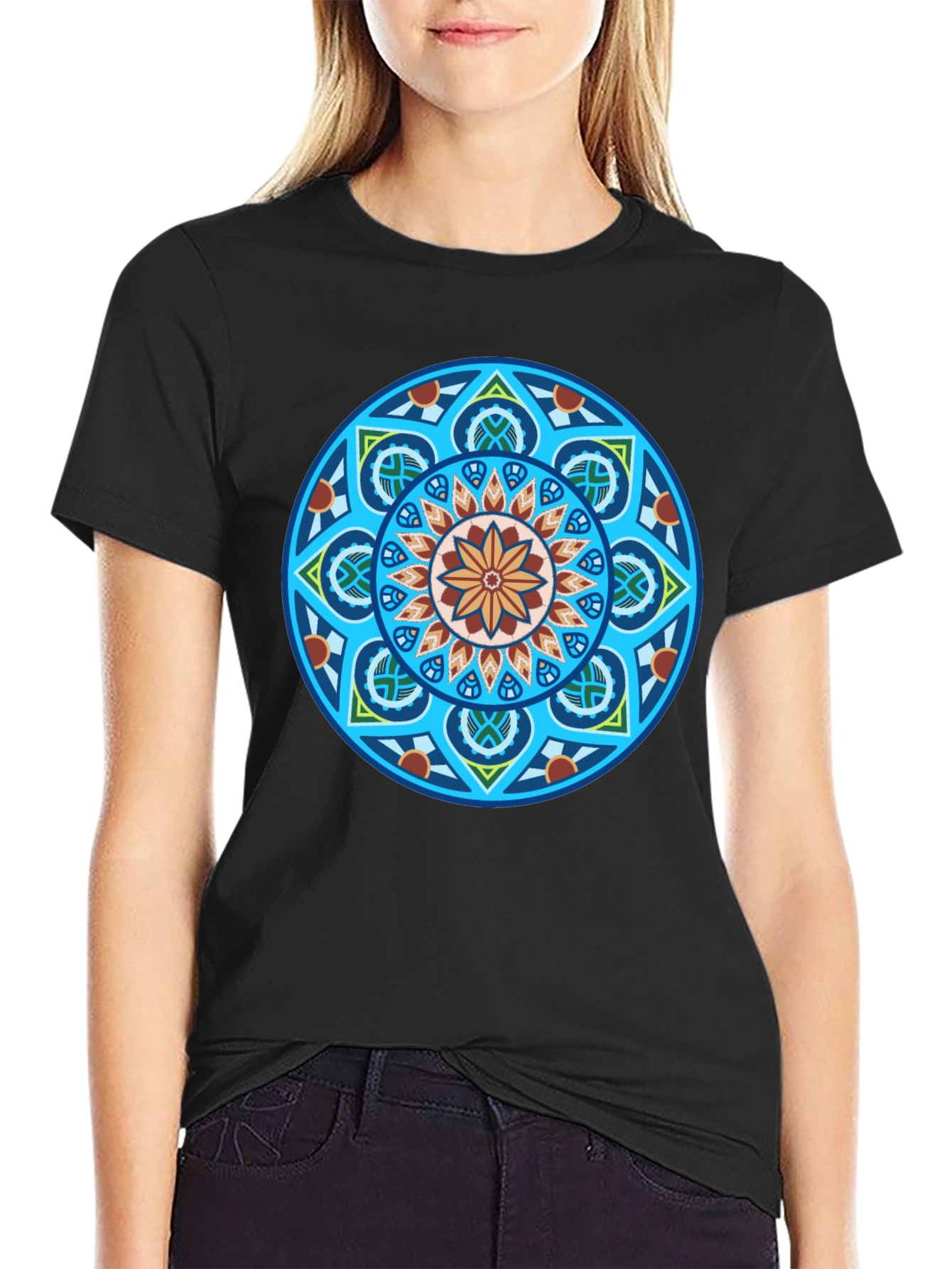 Black T-Shirt with Geometric Mandala Graphic