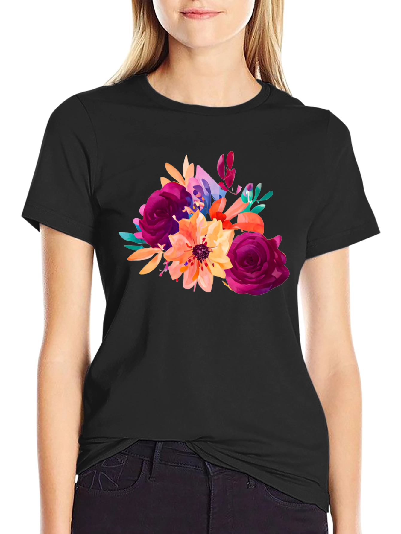 Floral Bouquet Graphic T-Shirt - Stylish Black Tee