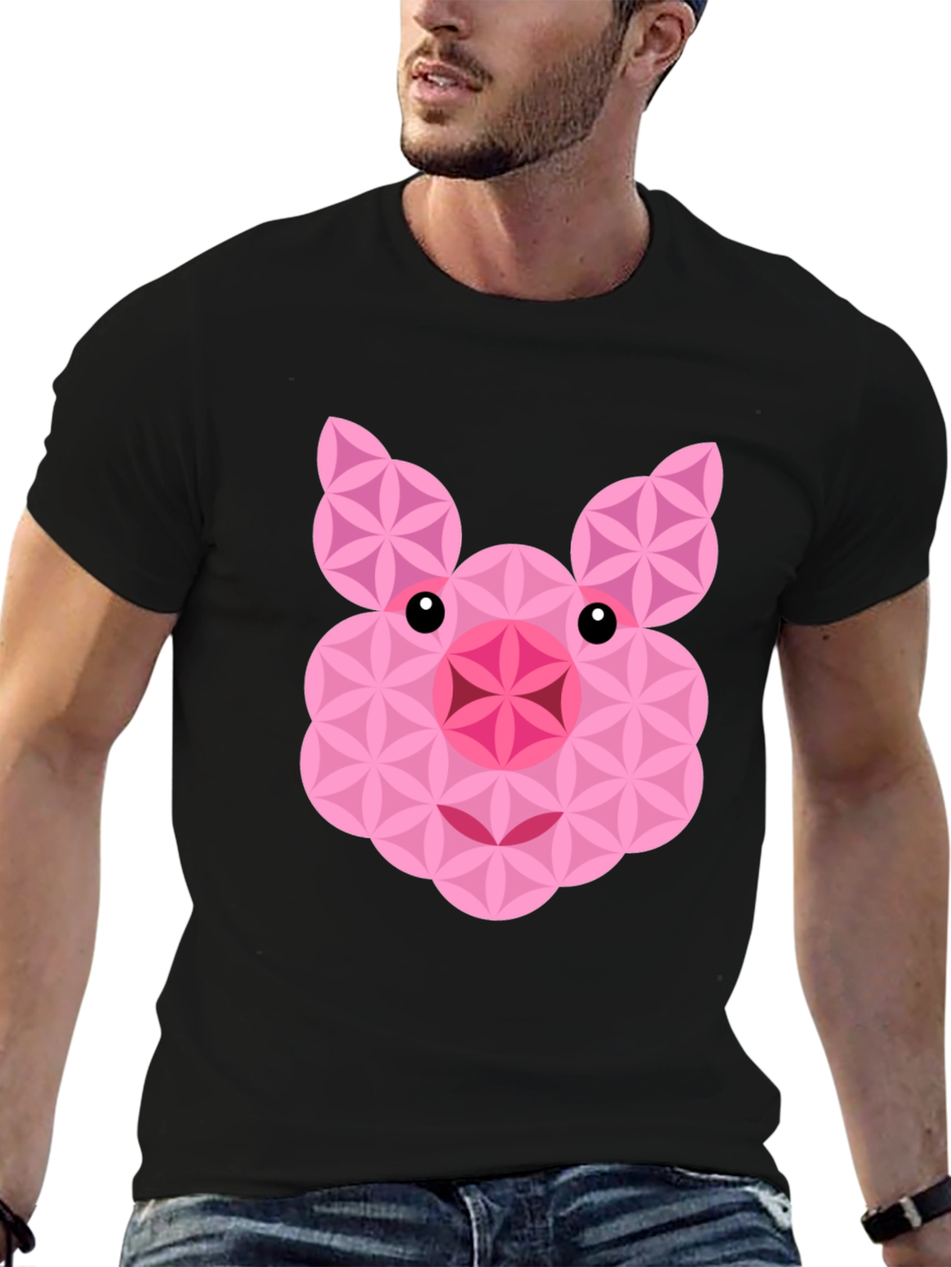 Geometric Pig Graphic Black T-Shirt