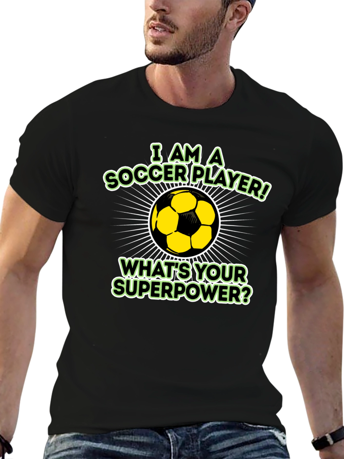 Soccer Player Superpower Black Graphic T-Shirt