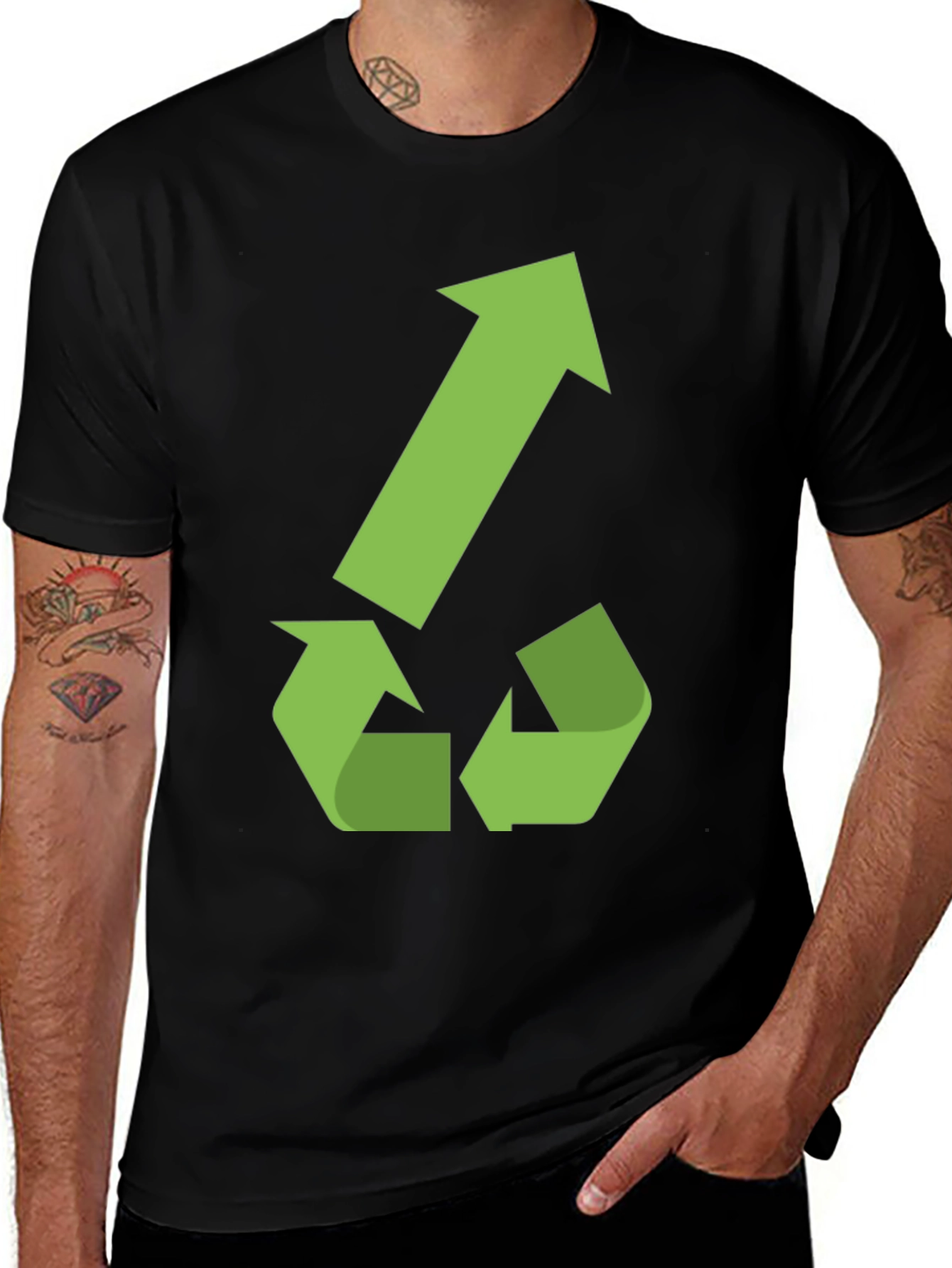 Eco-Friendly Black T-Shirt with Green Recycle Arrow Design