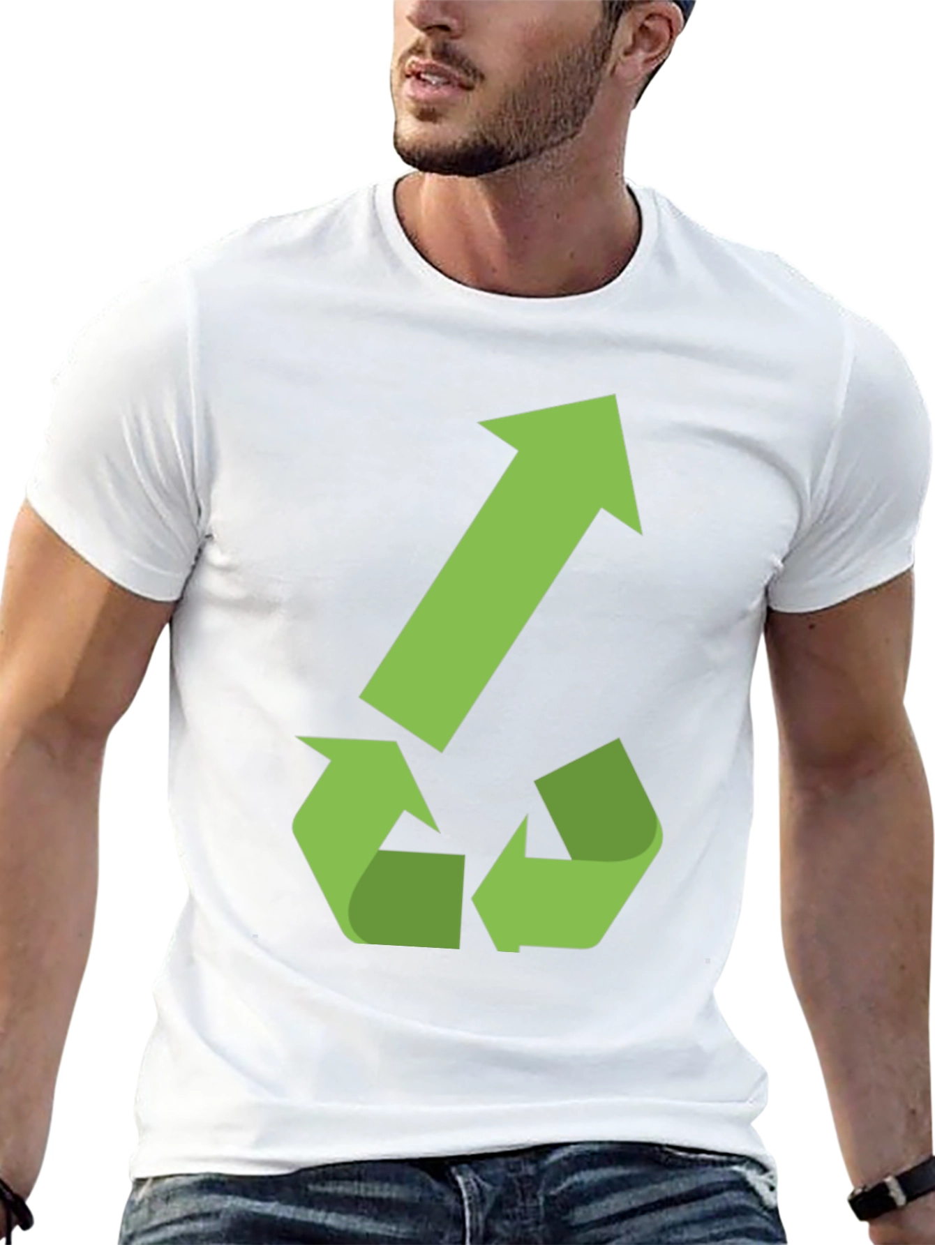 Eco-Friendly Black T-Shirt with Green Recycle Arrow Design