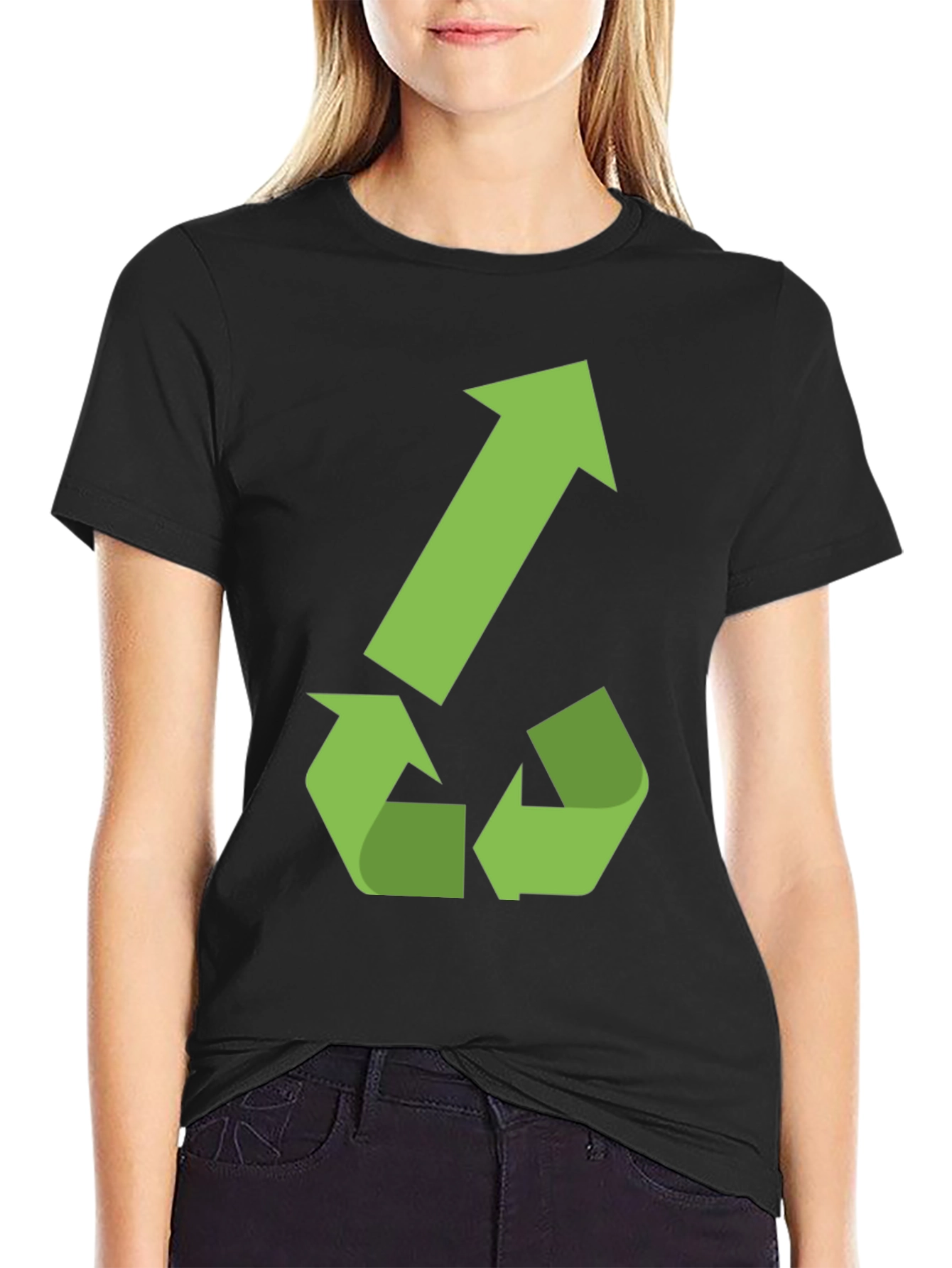 Eco-Friendly Black T-Shirt with Green Recycle Arrow Design