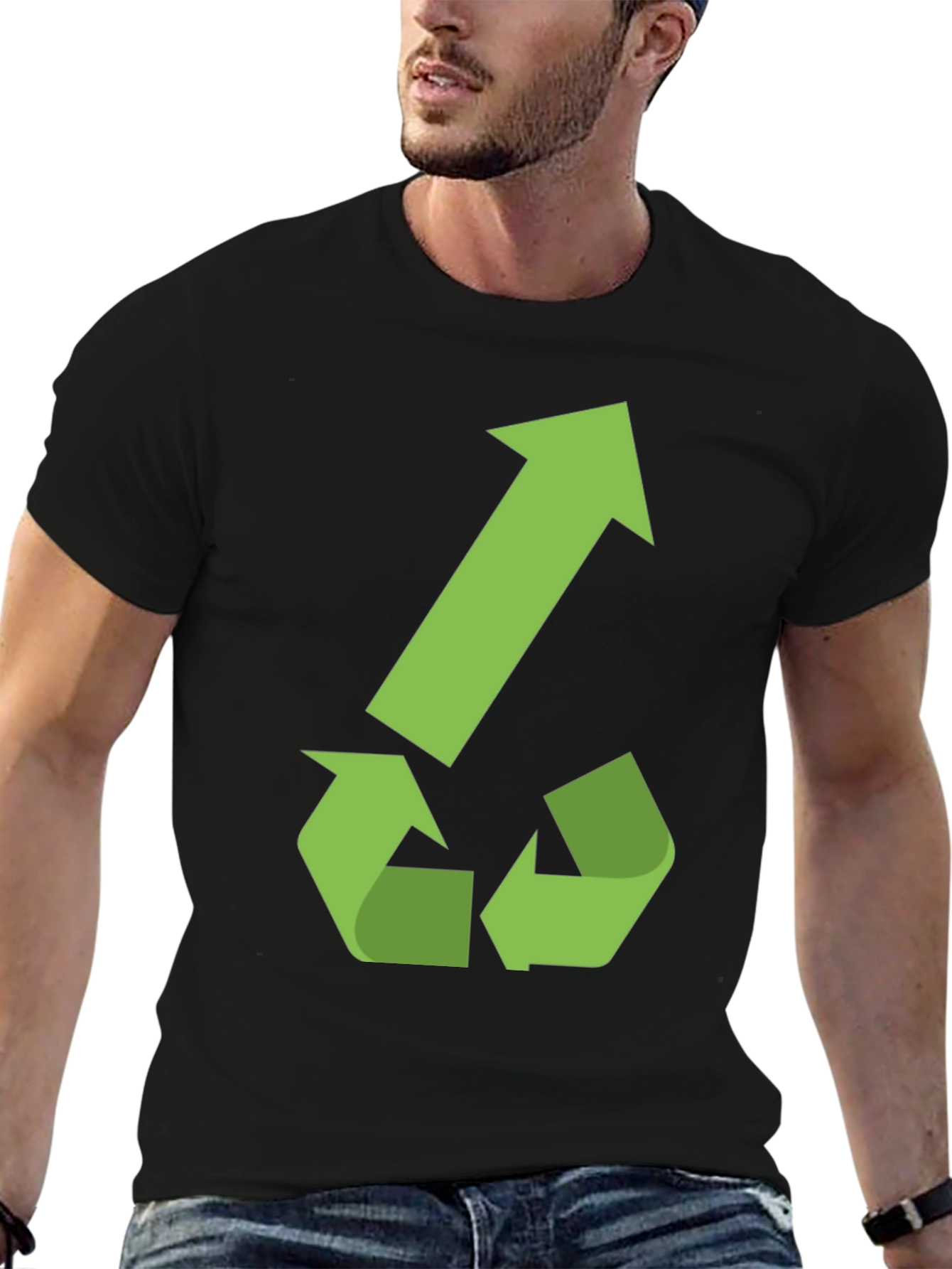 Eco-Friendly Black T-Shirt with Green Recycle Arrow Design