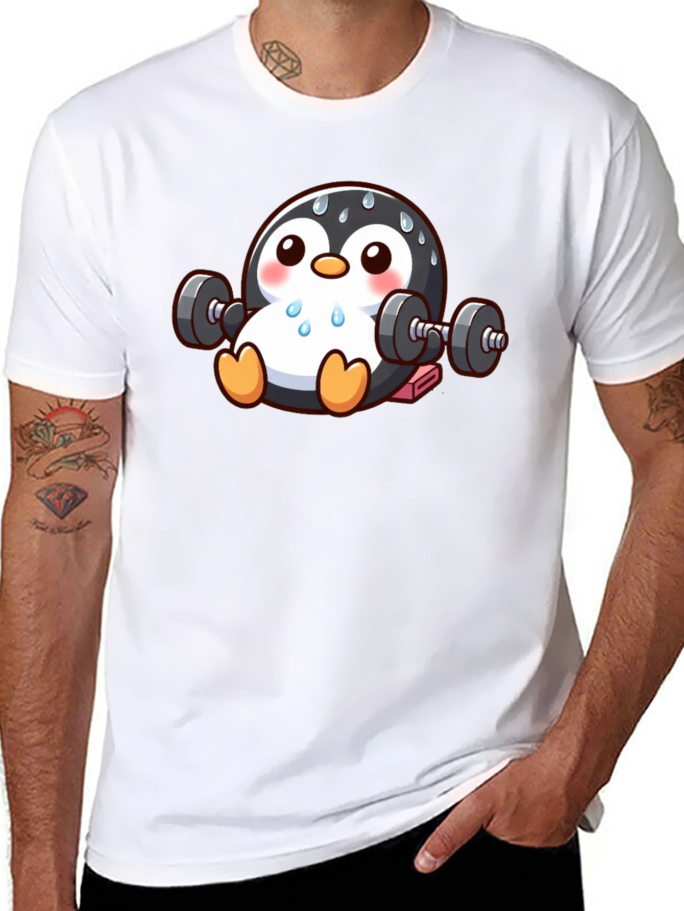 Penguin Lifting Weights Graphic T-Shirt