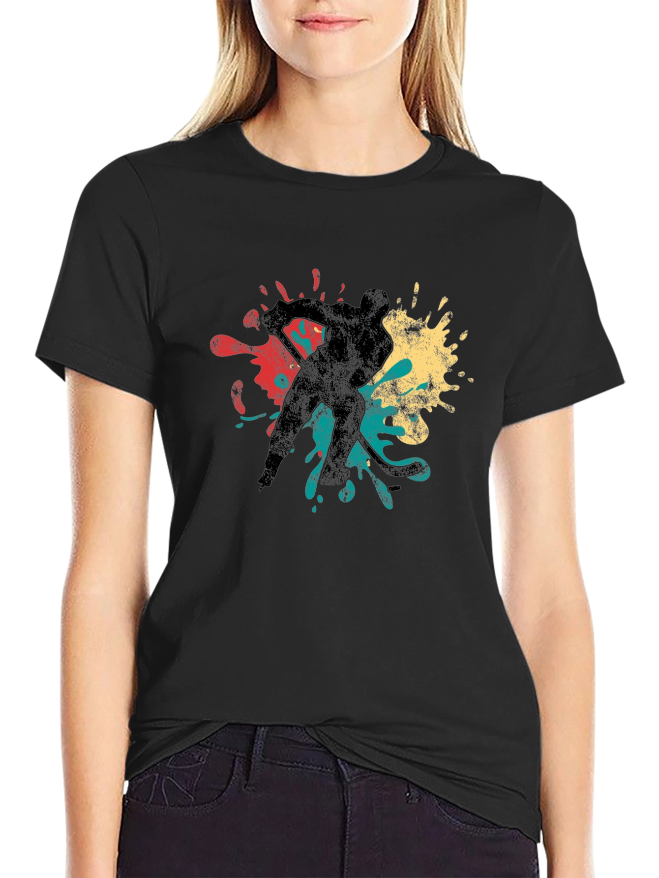 Hockey Player Retro Splash Graphic T-Shirt