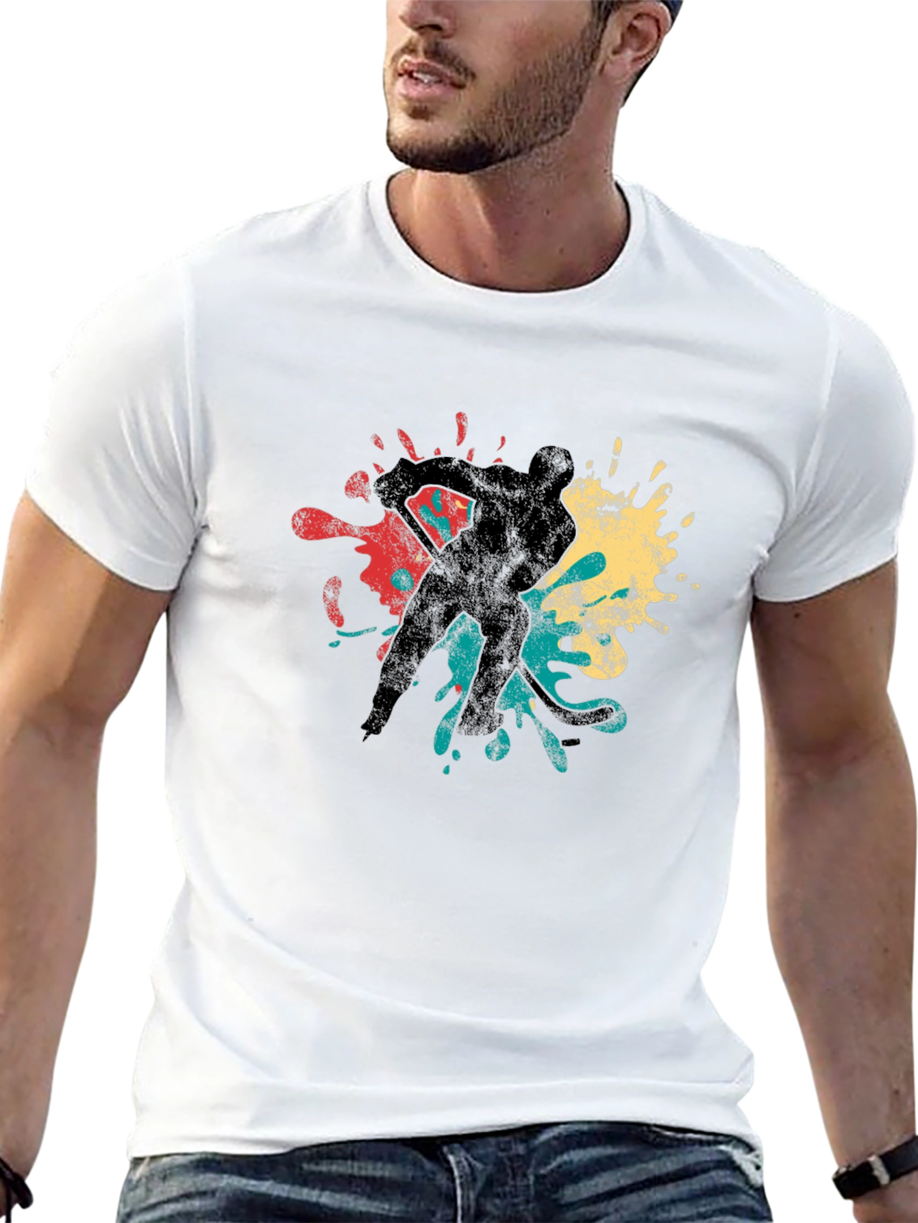 Hockey Player Retro Splash Graphic T-Shirt