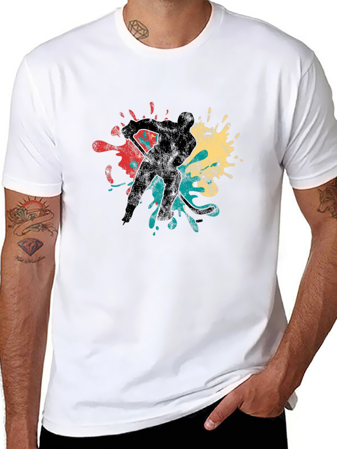 Hockey Player Retro Splash Graphic T-Shirt