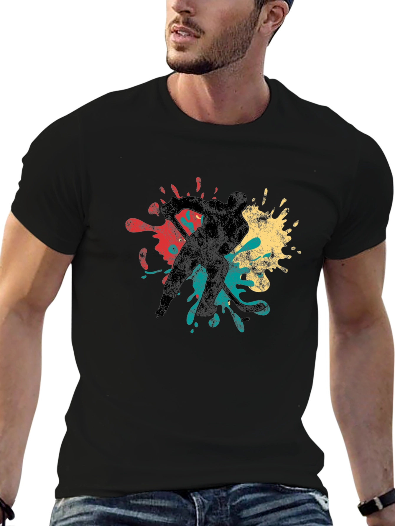 Hockey Player Retro Splash Graphic T-Shirt