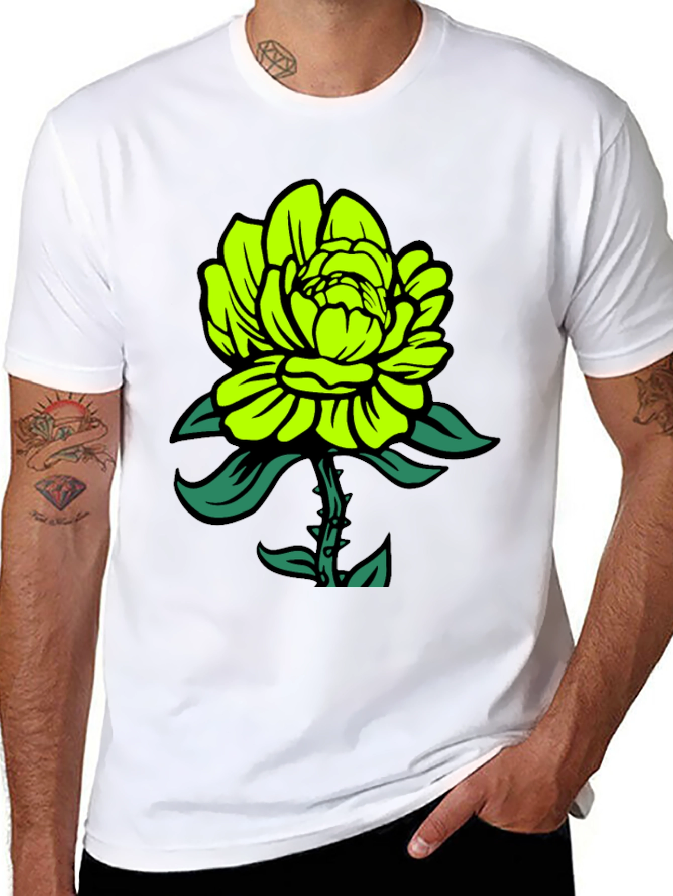 Neon Green Flower Graphic Black T-Shirt
