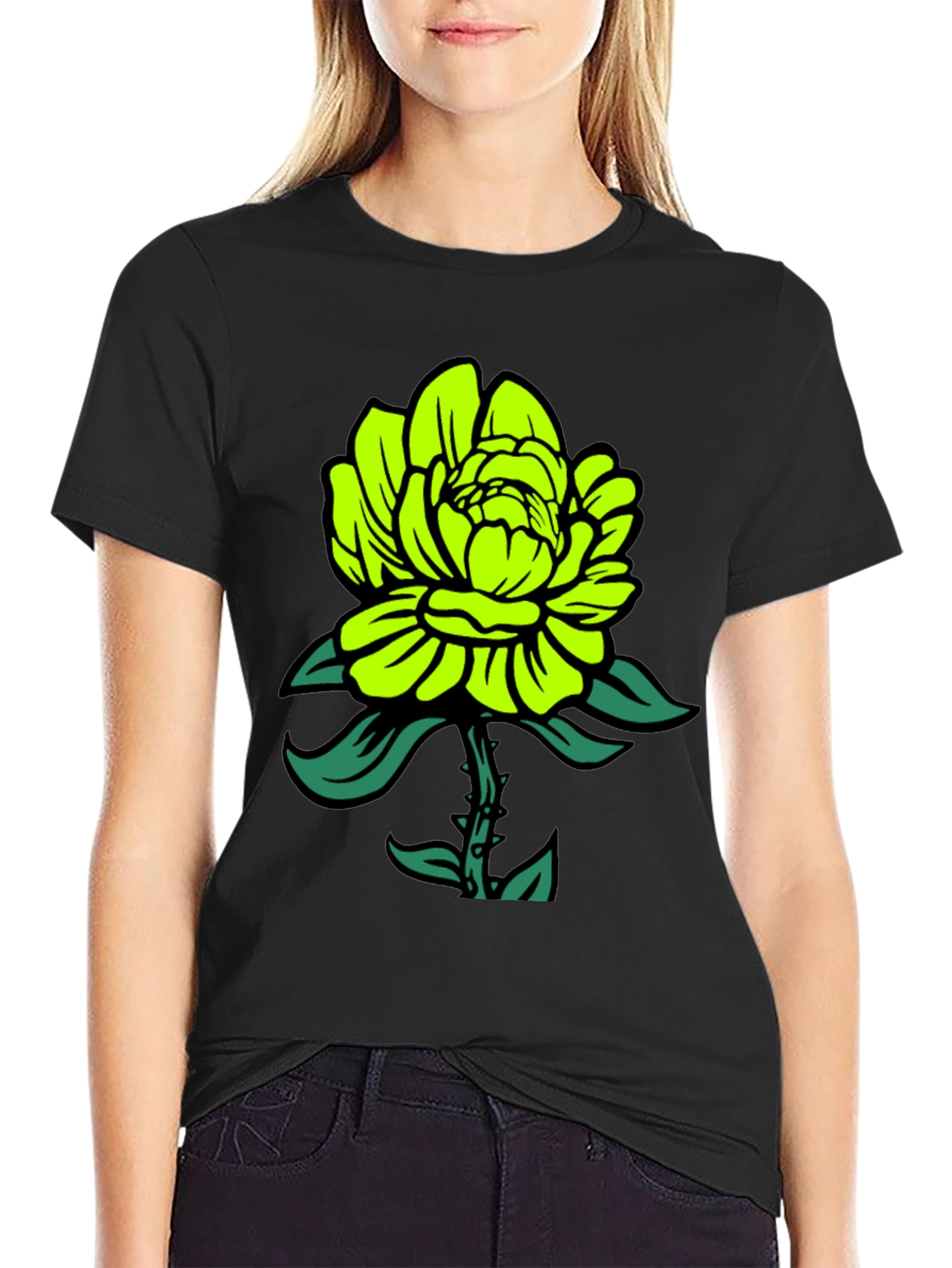 Neon Green Flower Graphic Black T-Shirt