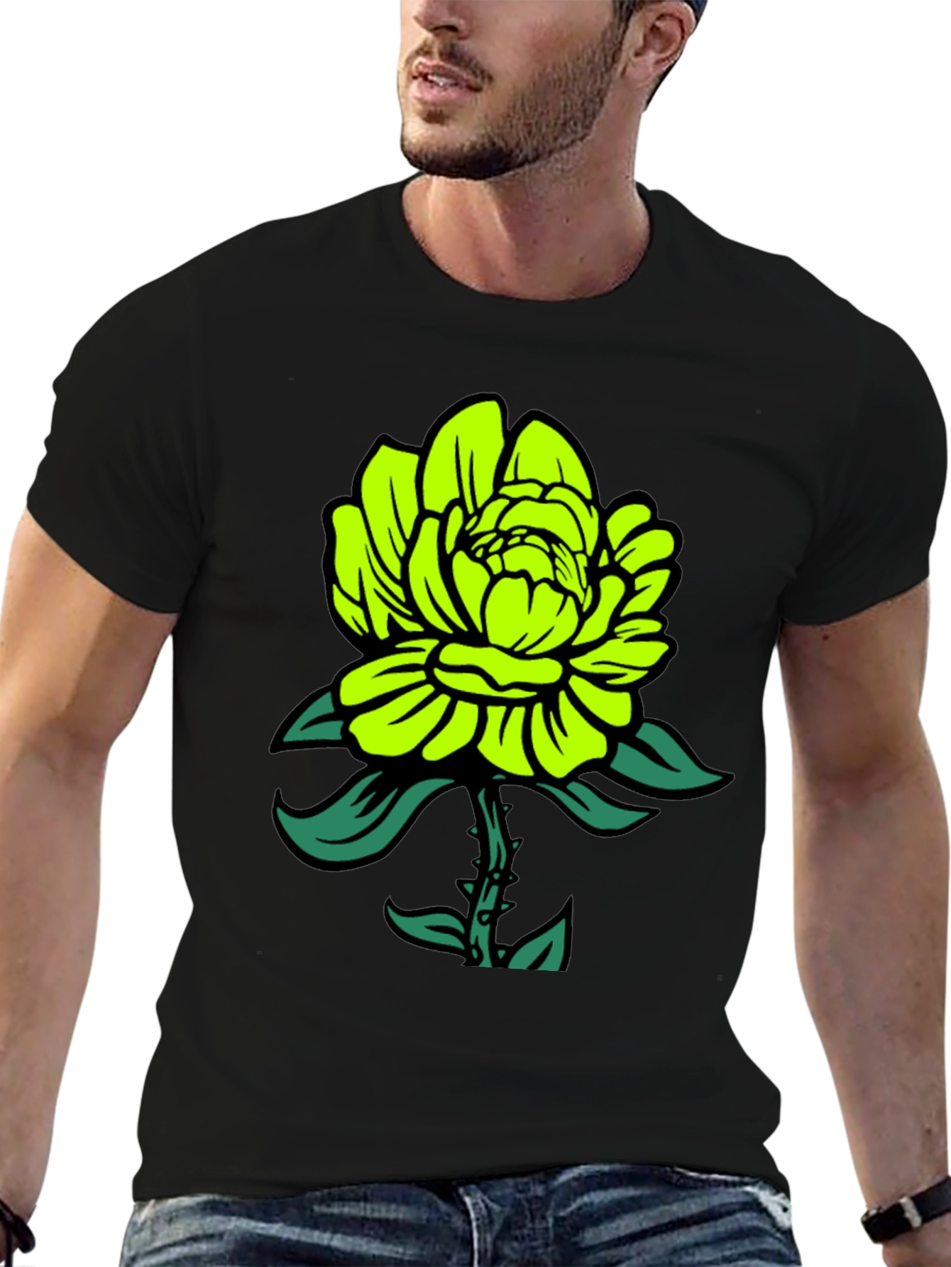Neon Green Flower Graphic Black T-Shirt