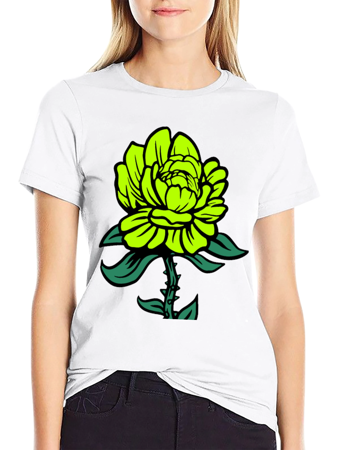 Neon Green Flower Graphic Black T-Shirt