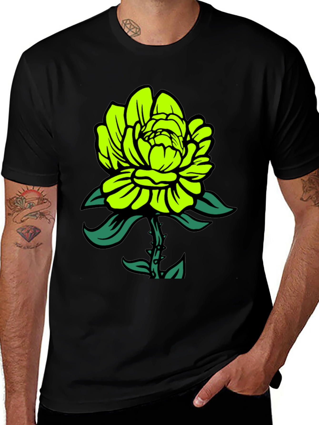 Neon Green Flower Graphic Black T-Shirt