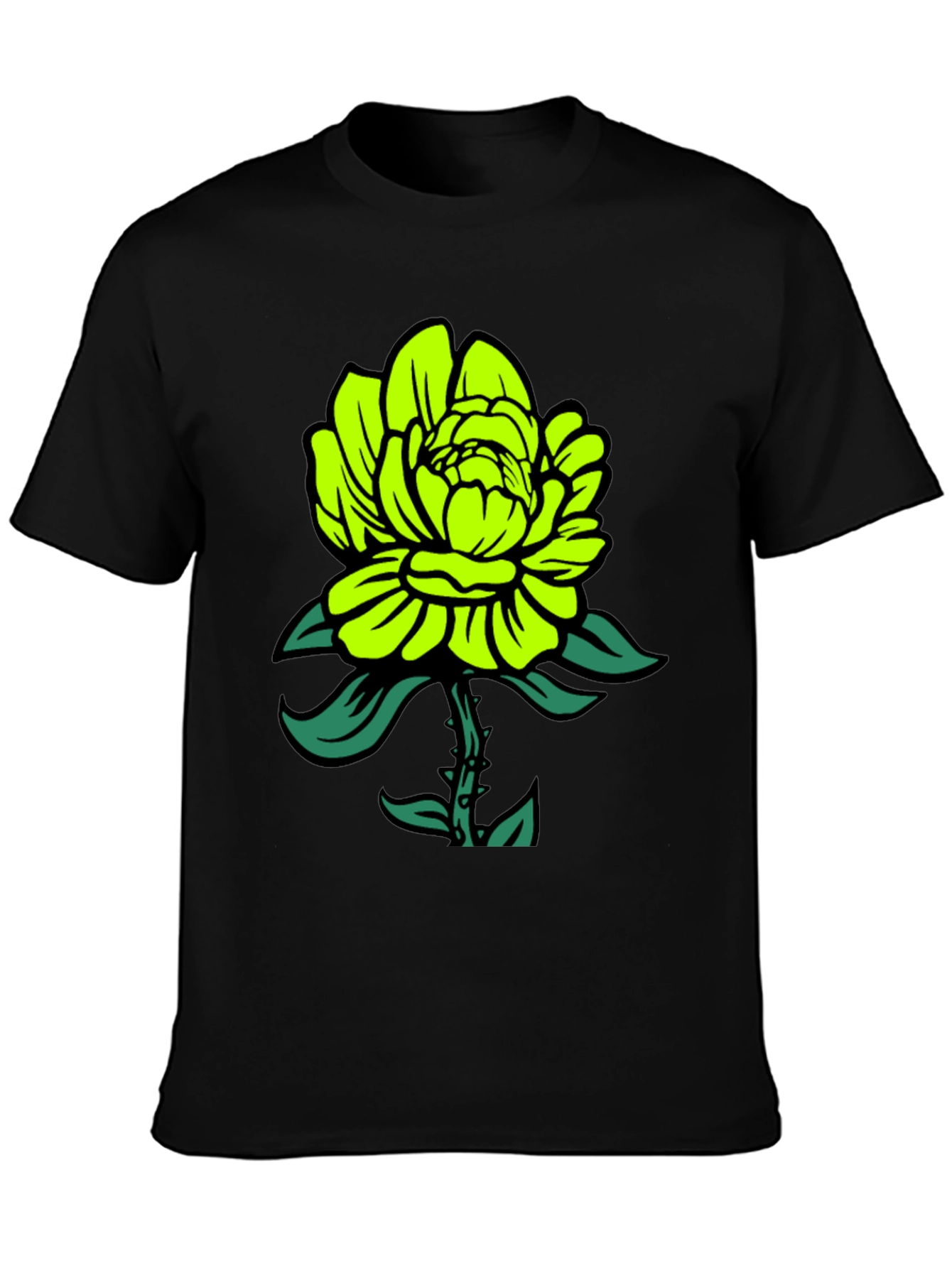 Neon Green Flower Graphic Black T-Shirt