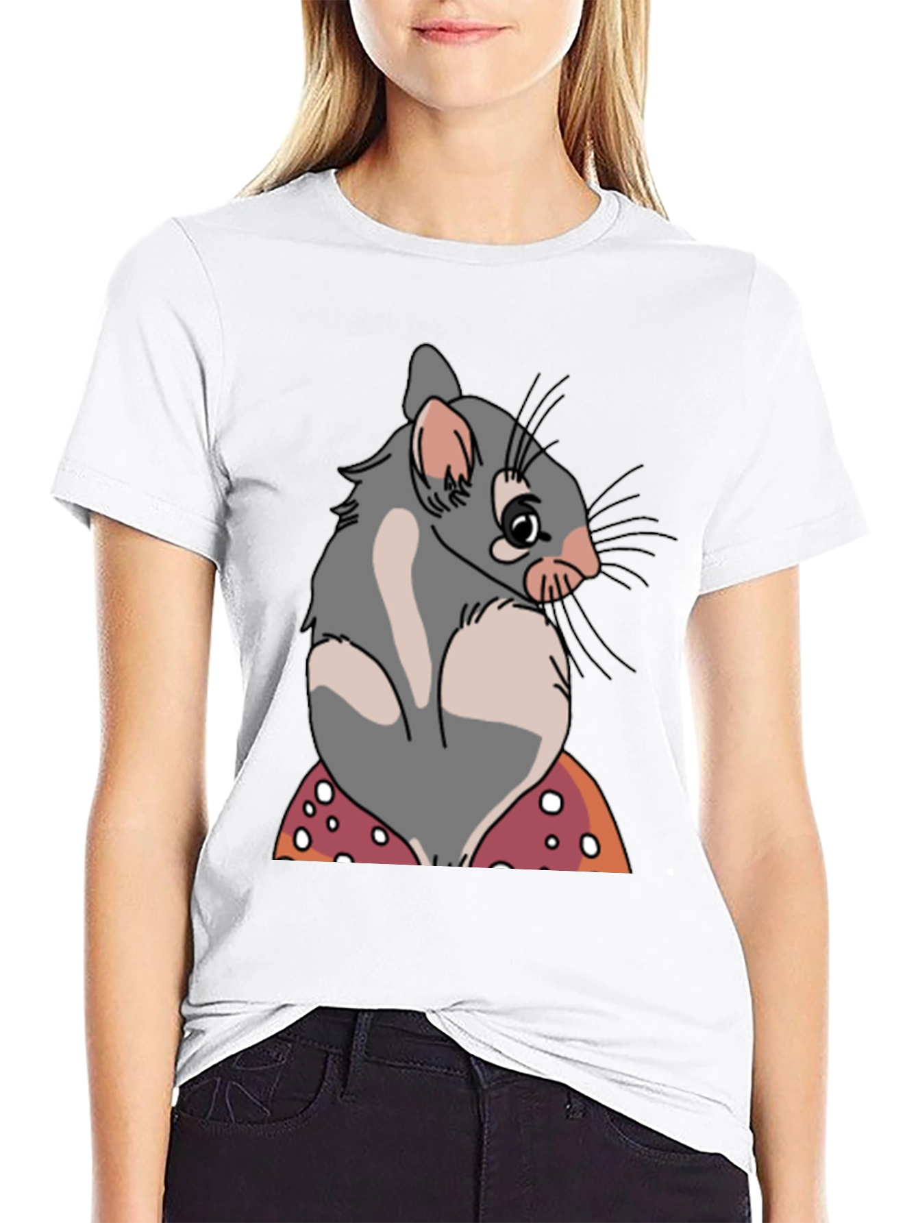 Cute Opossum Mushroom Graphic Tee - Black Cotton T-Shirt