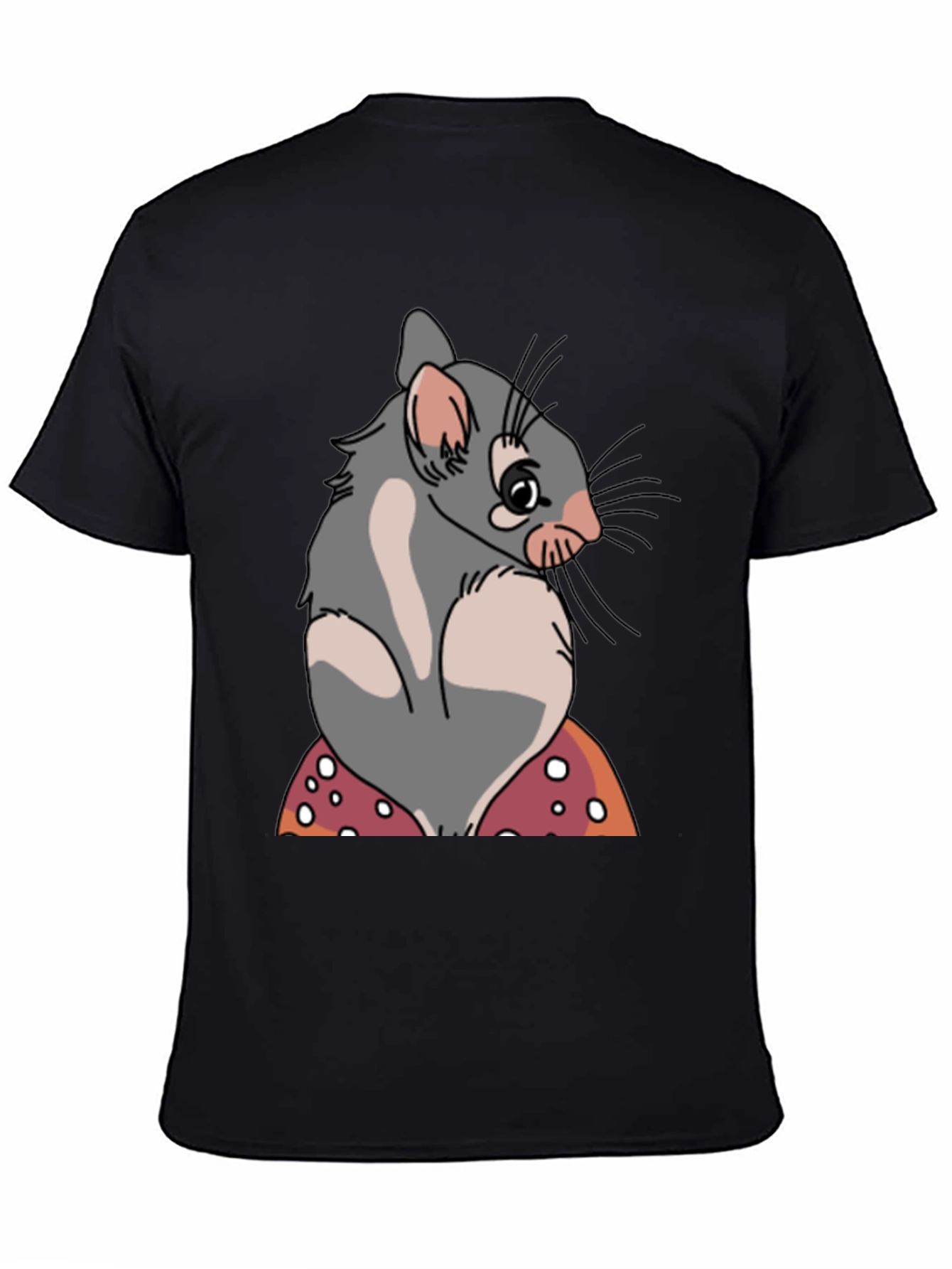 Cute Opossum Mushroom Graphic Tee - Black Cotton T-Shirt