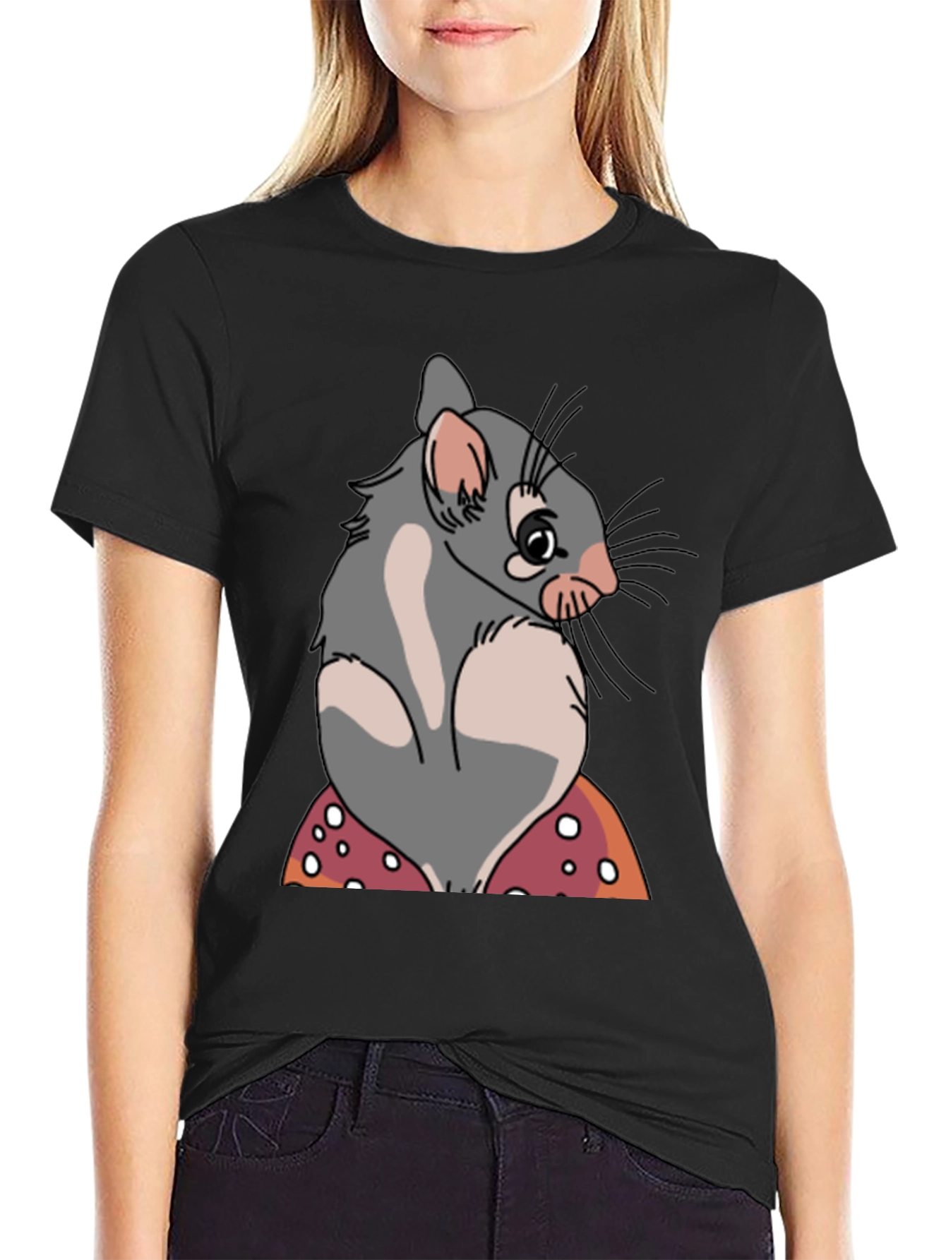 Cute Opossum Mushroom Graphic Tee - Black Cotton T-Shirt