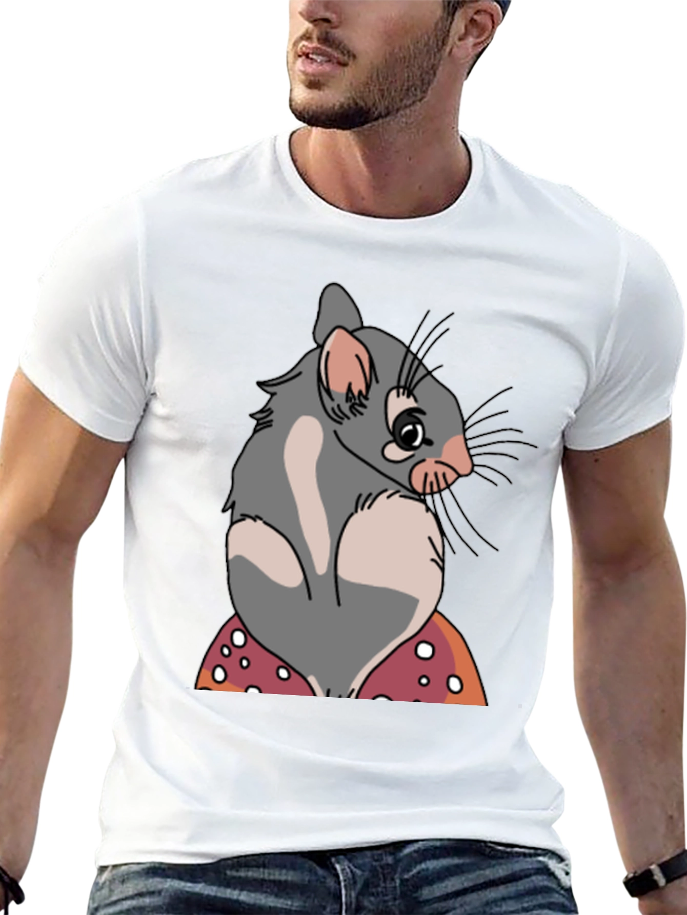 Cute Opossum Mushroom Graphic Tee - Black Cotton T-Shirt